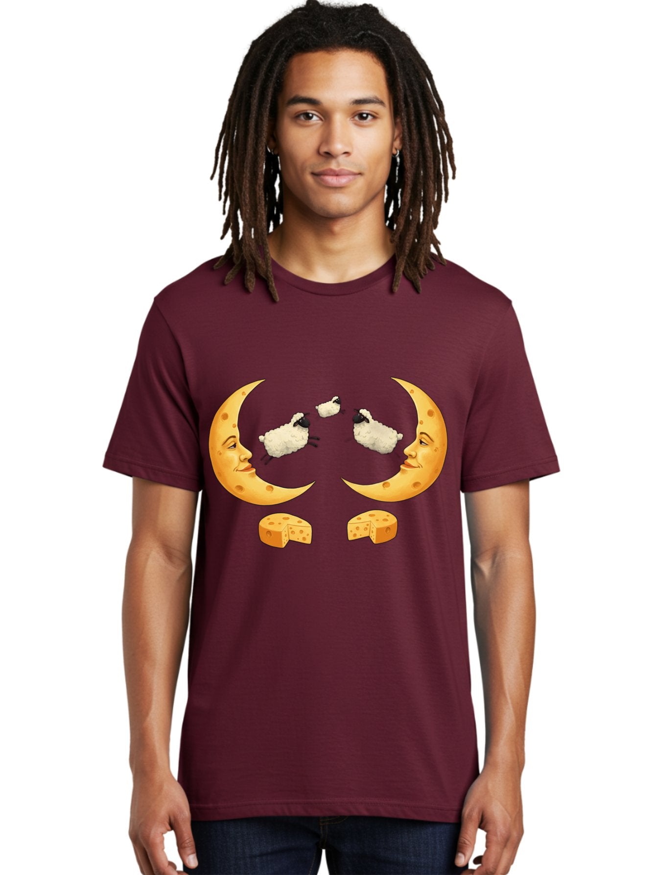 Crescent-Moon-Faces-With-Sheep-And-Cheese Men'S Graphic Tee, 100% Cotton, Comfortable Casual Summer Wear, Machine Washable, Sheep Jumping Over Cheese, Cheese Crescent Moon, Smiling Faces, Whimsical Illustration, Dairy Products, Moonlit Scene, Bac932 26
