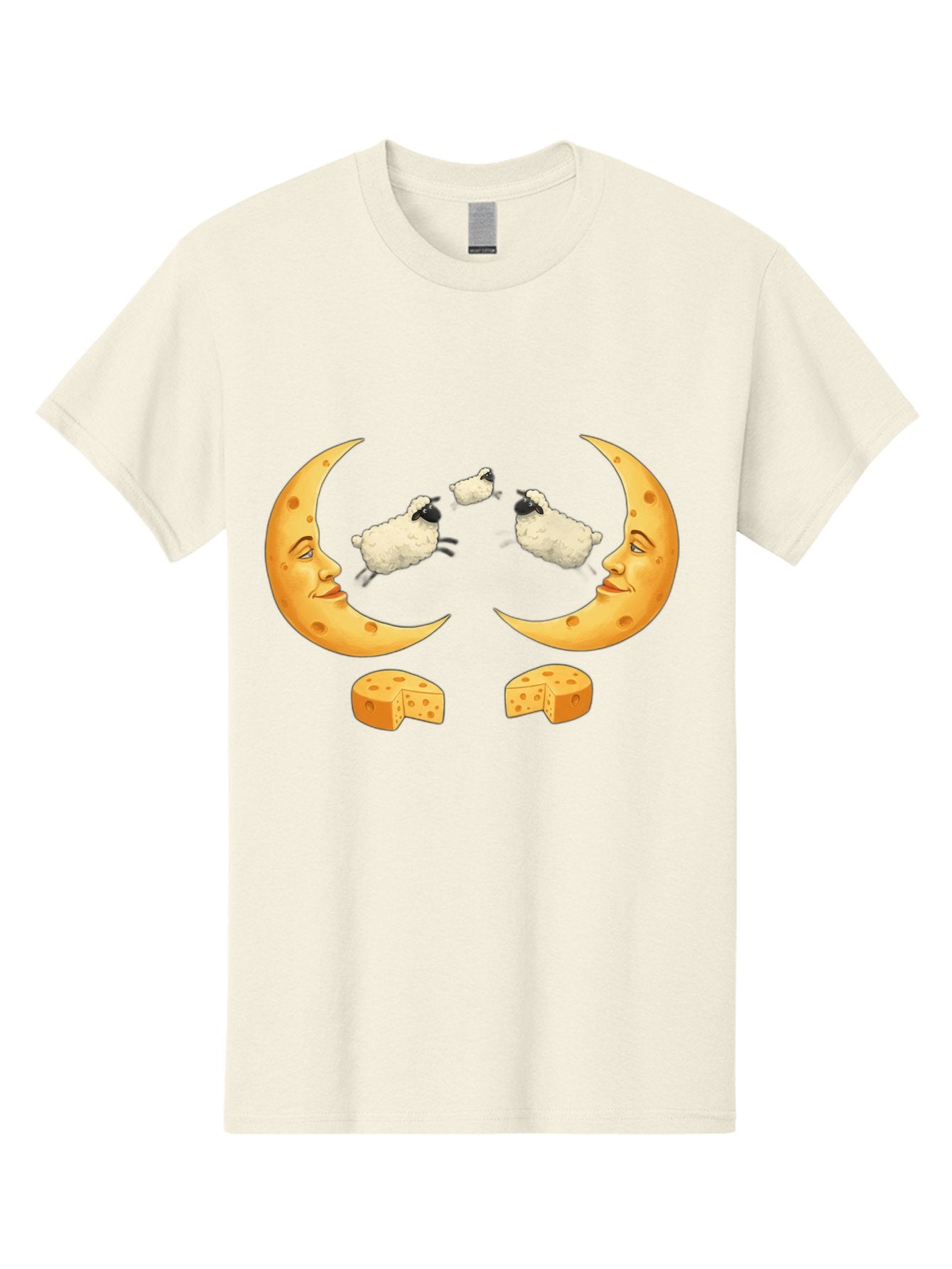 Crescent-Moon-Faces-With-Sheep-And-Cheese Men'S Graphic Tee, 100% Cotton, Comfortable Casual Summer Wear, Machine Washable, Sheep Jumping Over Cheese, Cheese Crescent Moon, Smiling Faces, Whimsical Illustration, Dairy Products, Moonlit Scene, Bac932 6