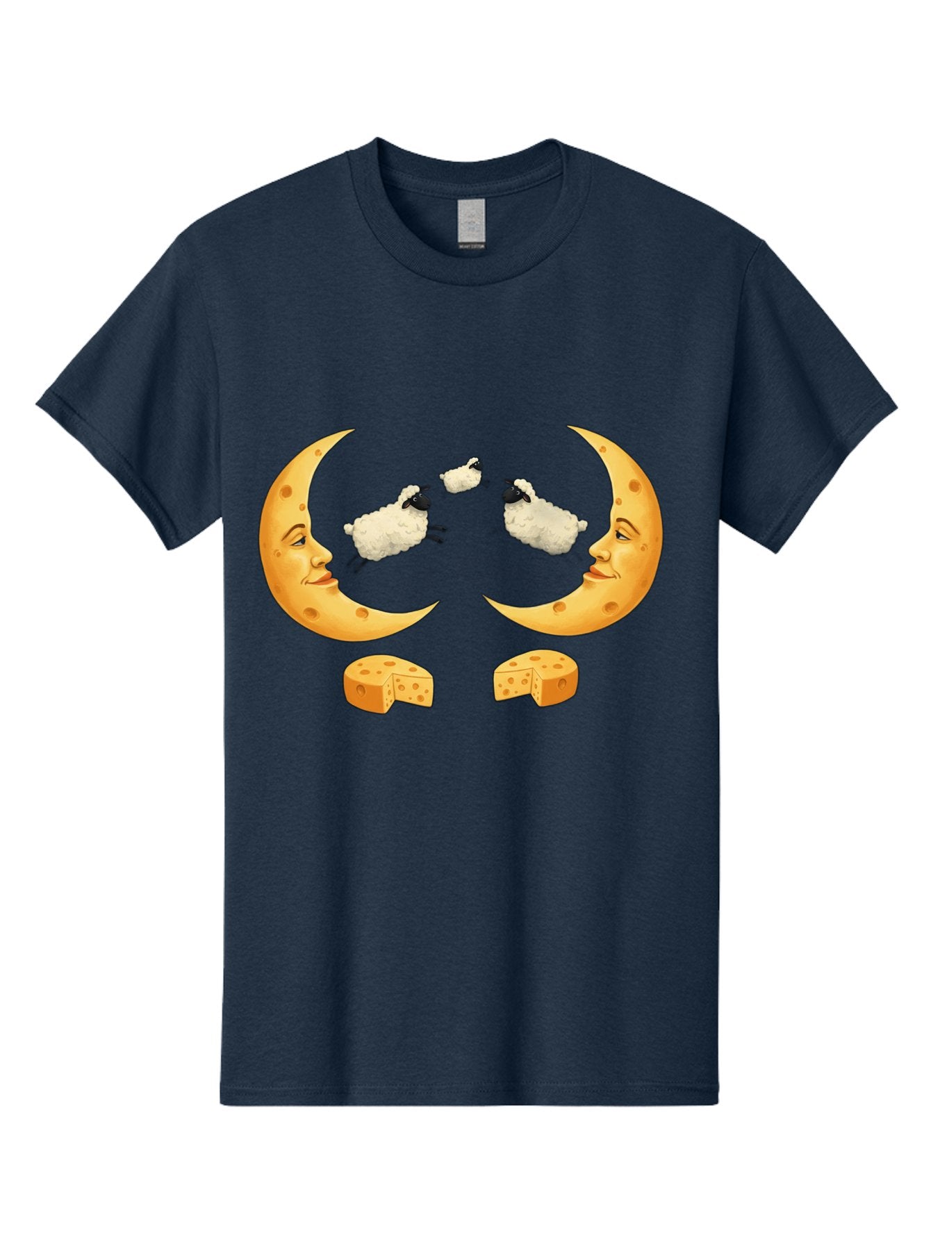 Crescent-Moon-Faces-With-Sheep-And-Cheese Men'S Graphic Tee, 100% Cotton, Comfortable Casual Summer Wear, Machine Washable, Sheep Jumping Over Cheese, Cheese Crescent Moon, Smiling Faces, Whimsical Illustration, Dairy Products, Moonlit Scene, Bac932 3