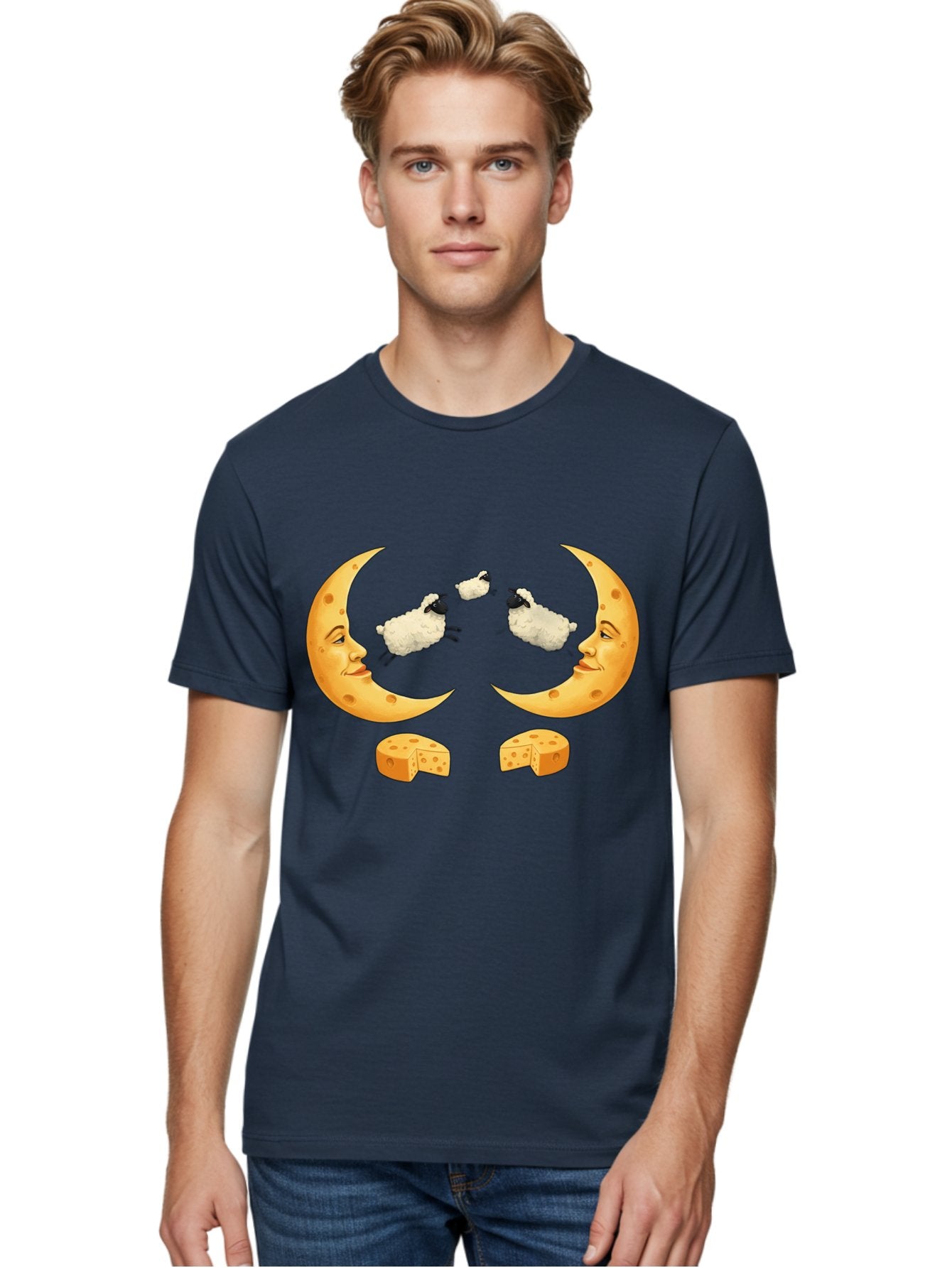 Crescent-Moon-Faces-With-Sheep-And-Cheese Men'S Graphic Tee, 100% Cotton, Comfortable Casual Summer Wear, Machine Washable, Sheep Jumping Over Cheese, Cheese Crescent Moon, Smiling Faces, Whimsical Illustration, Dairy Products, Moonlit Scene, Bac932 22