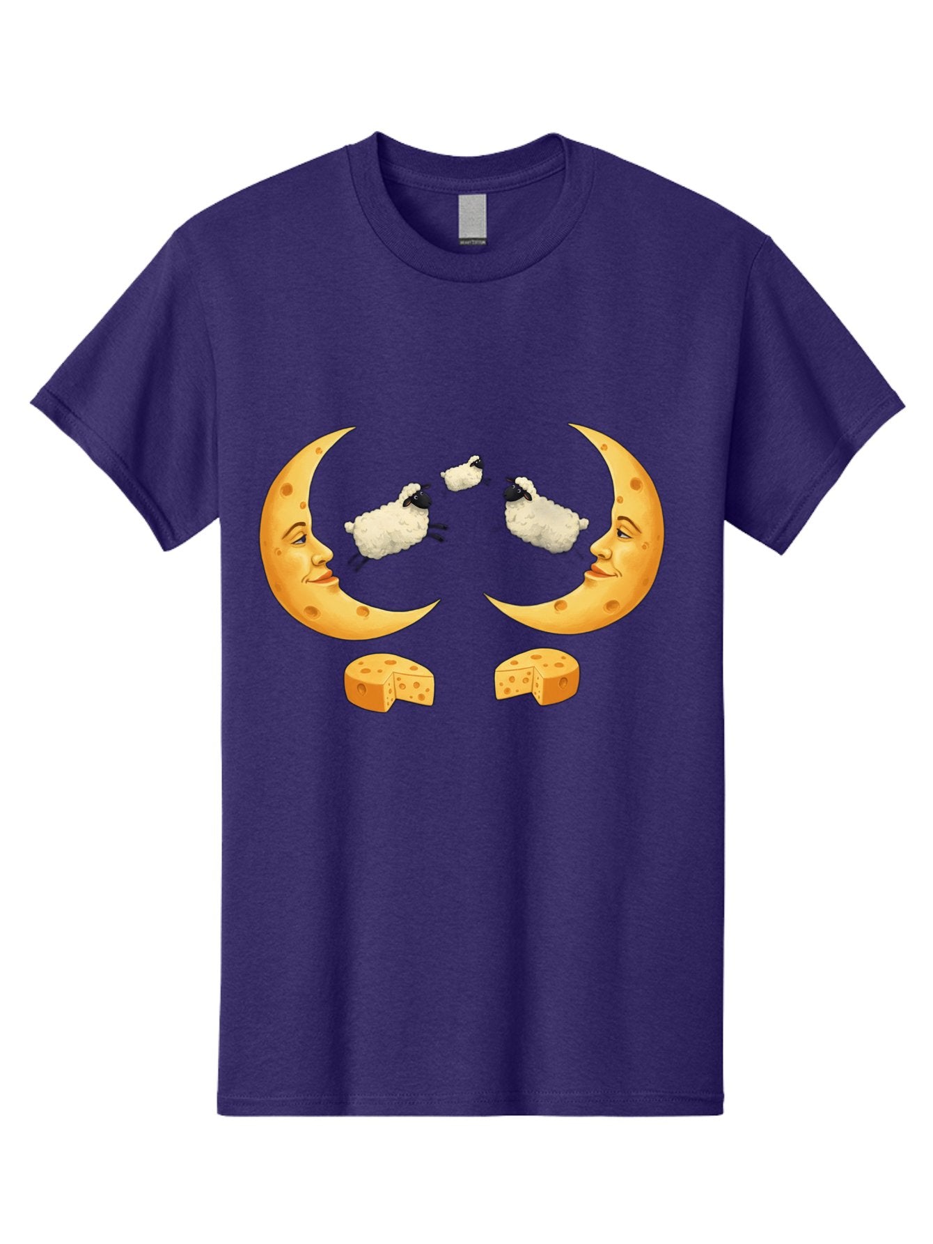 Crescent-Moon-Faces-With-Sheep-And-Cheese Men'S Graphic Tee, 100% Cotton, Comfortable Casual Summer Wear, Machine Washable, Sheep Jumping Over Cheese, Cheese Crescent Moon, Smiling Faces, Whimsical Illustration, Dairy Products, Moonlit Scene, Bac932 11