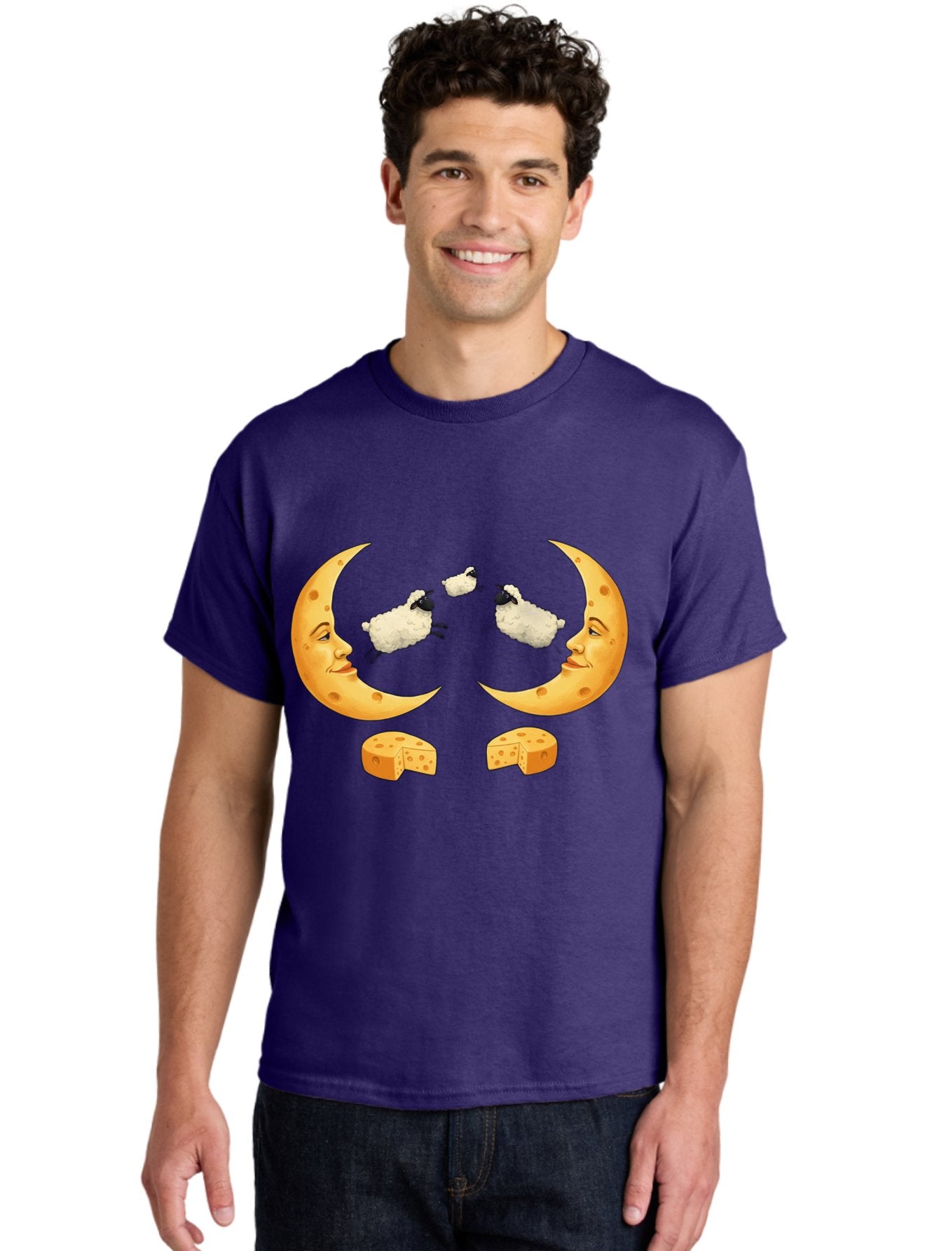 Crescent-Moon-Faces-With-Sheep-And-Cheese Men'S Graphic Tee, 100% Cotton, Comfortable Casual Summer Wear, Machine Washable, Sheep Jumping Over Cheese, Cheese Crescent Moon, Smiling Faces, Whimsical Illustration, Dairy Products, Moonlit Scene, Bac932 27