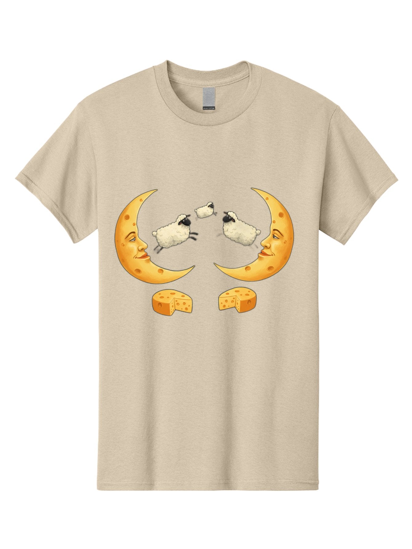 Crescent-Moon-Faces-With-Sheep-And-Cheese Men'S Graphic Tee, 100% Cotton, Comfortable Casual Summer Wear, Machine Washable, Sheep Jumping Over Cheese, Cheese Crescent Moon, Smiling Faces, Whimsical Illustration, Dairy Products, Moonlit Scene, Bac932 15