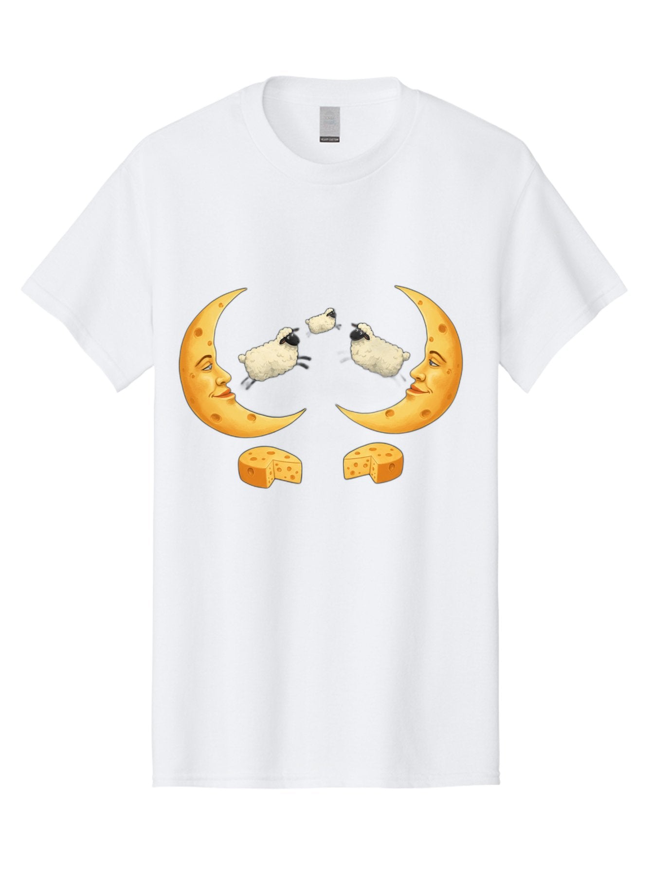 Crescent-Moon-Faces-With-Sheep-And-Cheese Men'S Graphic Tee, 100% Cotton, Comfortable Casual Summer Wear, Machine Washable, Sheep Jumping Over Cheese, Cheese Crescent Moon, Smiling Faces, Whimsical Illustration, Dairy Products, Moonlit Scene, Bac932 8