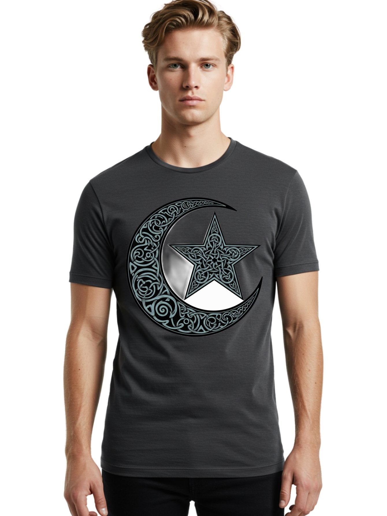 Crescent-Moon-Star Men'S Graphic Tee, 100% Cotton, Comfortable Casual Summer Wear, Machine Washable, Crescent Moon, Star Symbol, Islamic Symbol, Arabic Art, Intricate Designs, Ornate Patterns, Cultural Heritage, Islamic Art, Bac933 21
