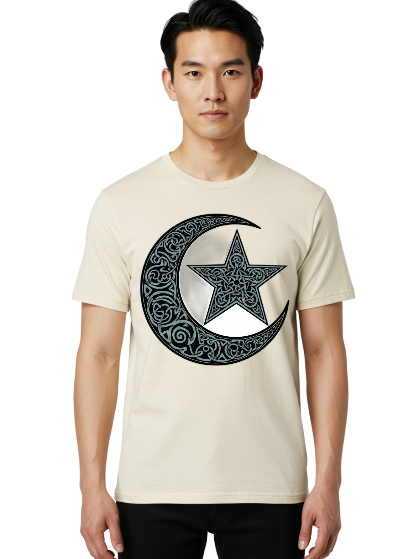Crescent-Moon-Star Men'S Graphic Tee, 100% Cotton, Comfortable Casual Summer Wear, Machine Washable, Crescent Moon, Star Symbol, Islamic Symbol, Arabic Art, Intricate Designs, Ornate Patterns, Cultural Heritage, Islamic Art, Bac933 30