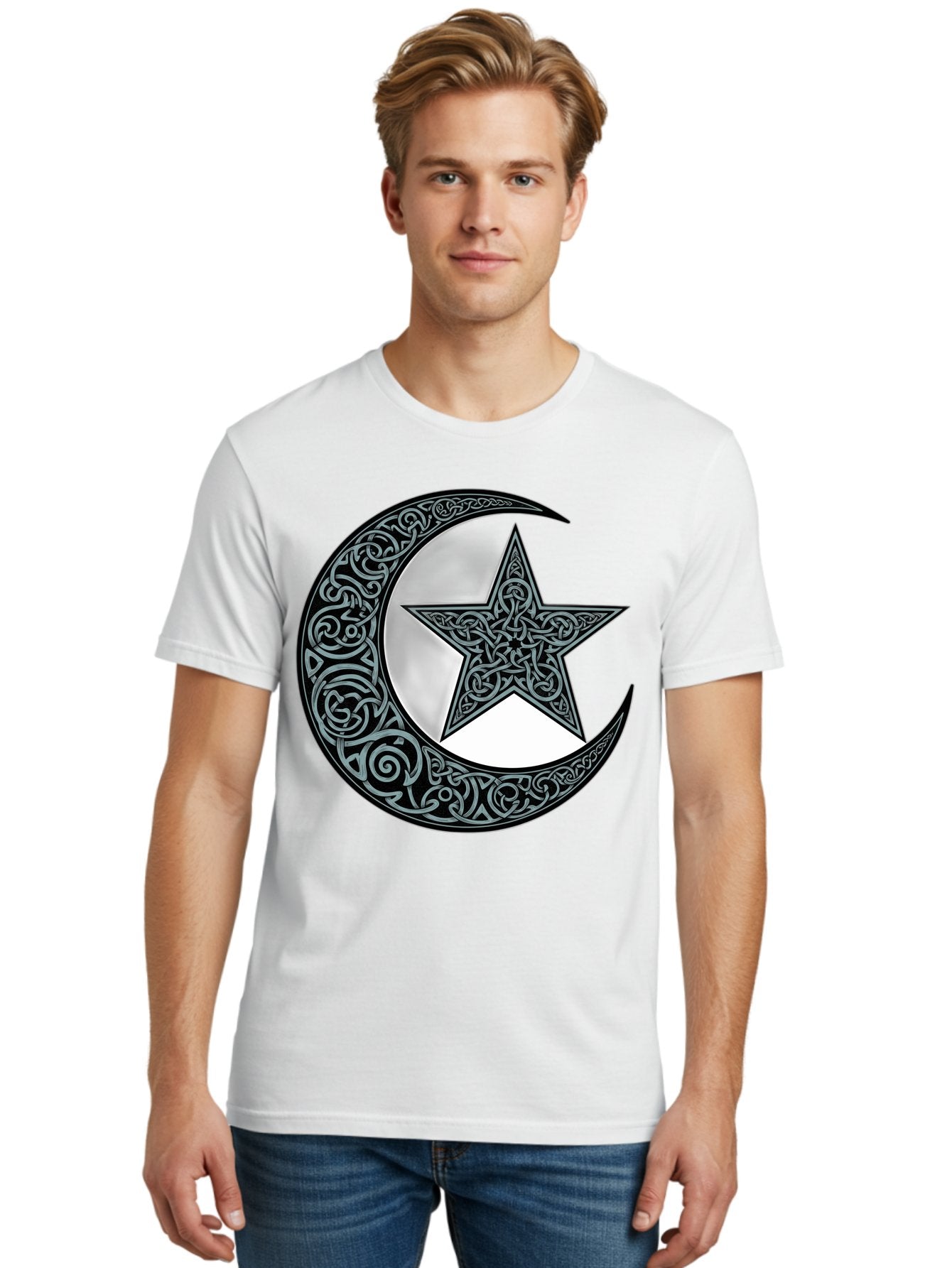 Crescent-Moon-Star Men'S Graphic Tee, 100% Cotton, Comfortable Casual Summer Wear, Machine Washable, Crescent Moon, Star Symbol, Islamic Symbol, Arabic Art, Intricate Designs, Ornate Patterns, Cultural Heritage, Islamic Art, Bac933 20