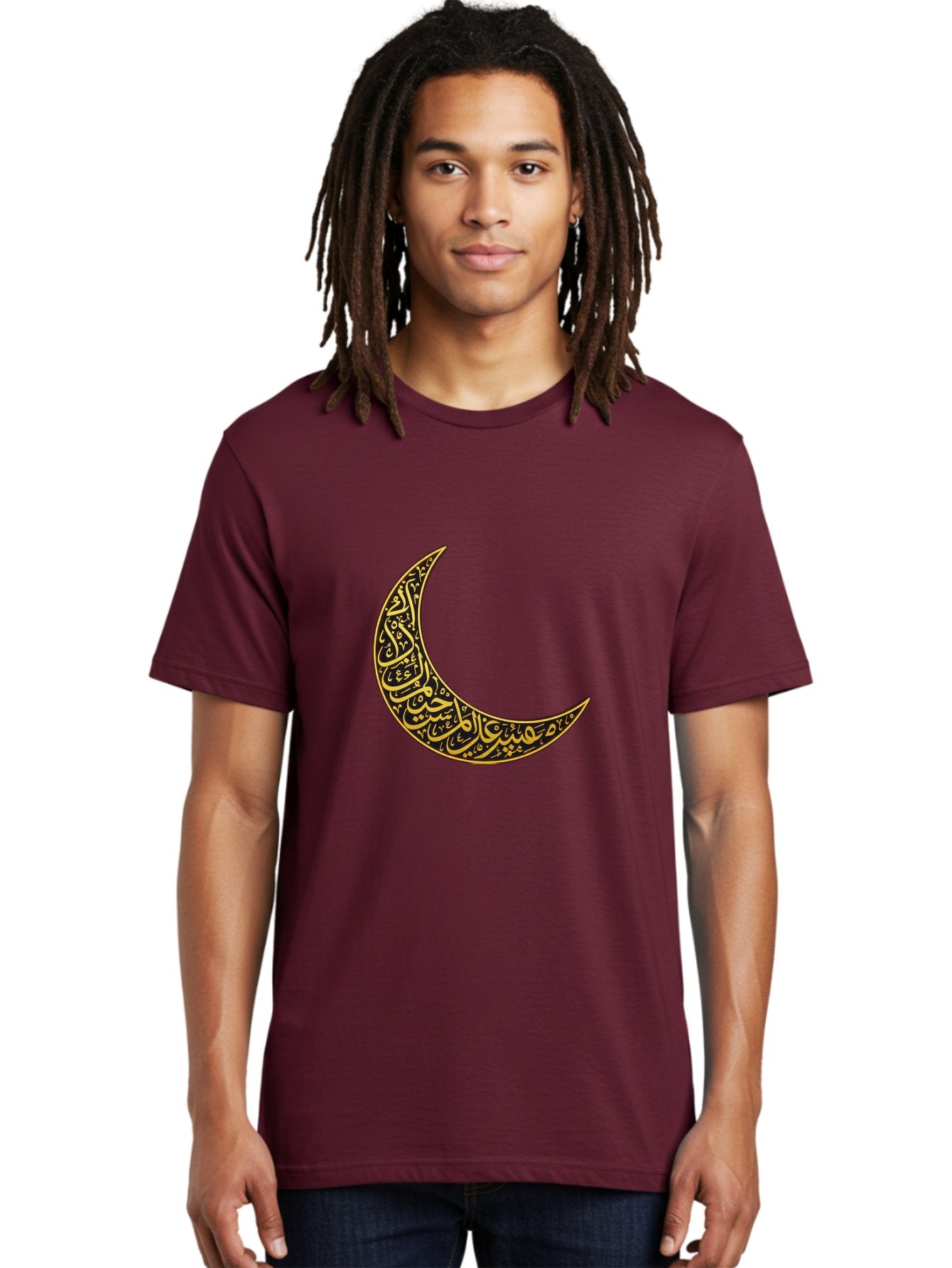 Crescent-Moon-With-Arabic-Calligraphy Men'S Graphic Tee, 100% Cotton, Comfortable Casual Summer Wear, Machine Washable, Crescent Moon, Islamic Calligraphy, Arabic Script, Golden Hues, Intricate Patterns, Traditional Islamic Art, Ramadan Symbol Bac934 30