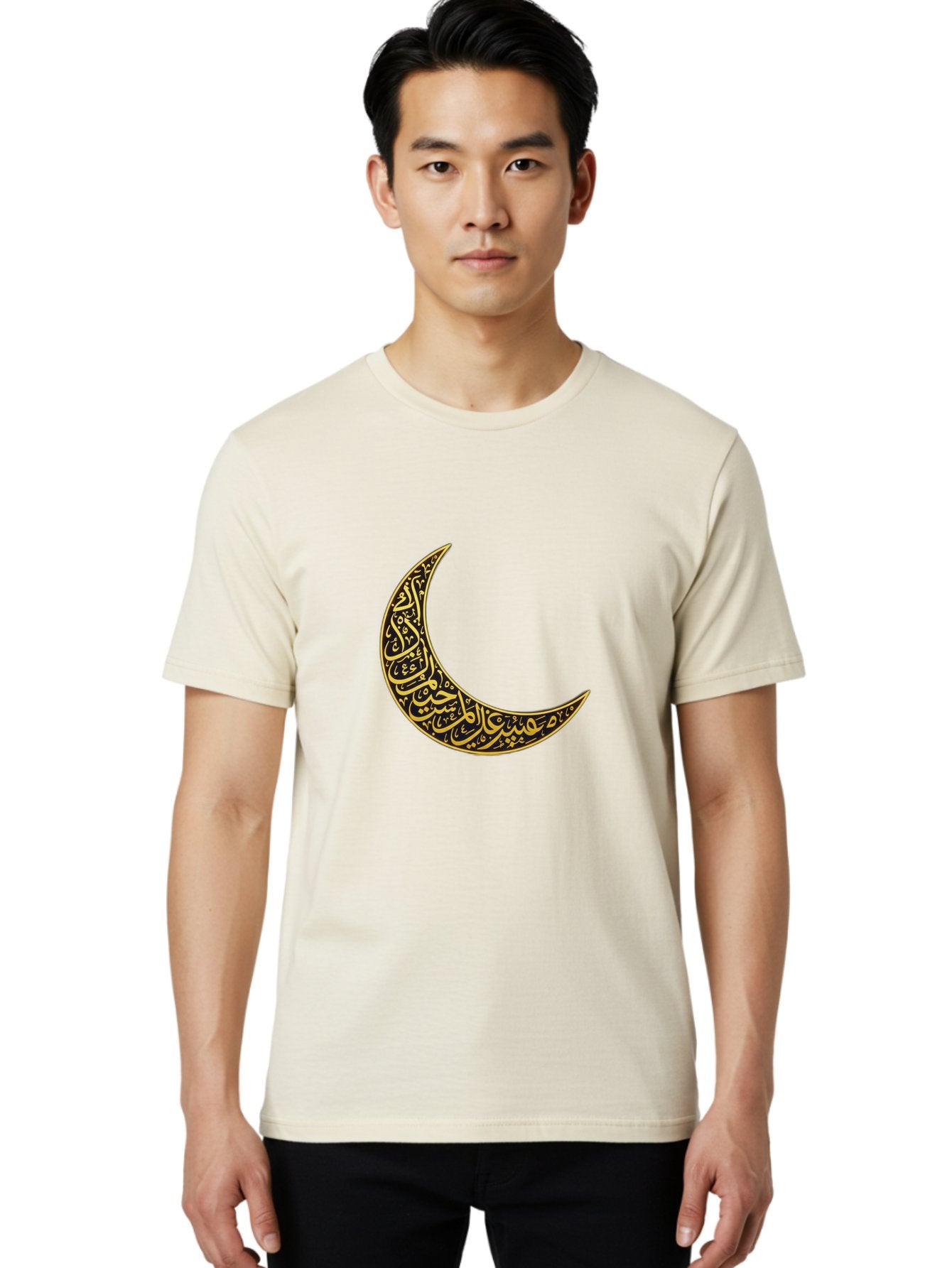 Crescent-Moon-With-Arabic-Calligraphy Men'S Graphic Tee, 100% Cotton, Comfortable Casual Summer Wear, Machine Washable, Crescent Moon, Islamic Calligraphy, Arabic Script, Golden Hues, Intricate Patterns, Traditional Islamic Art, Ramadan Symbol Bac934 20