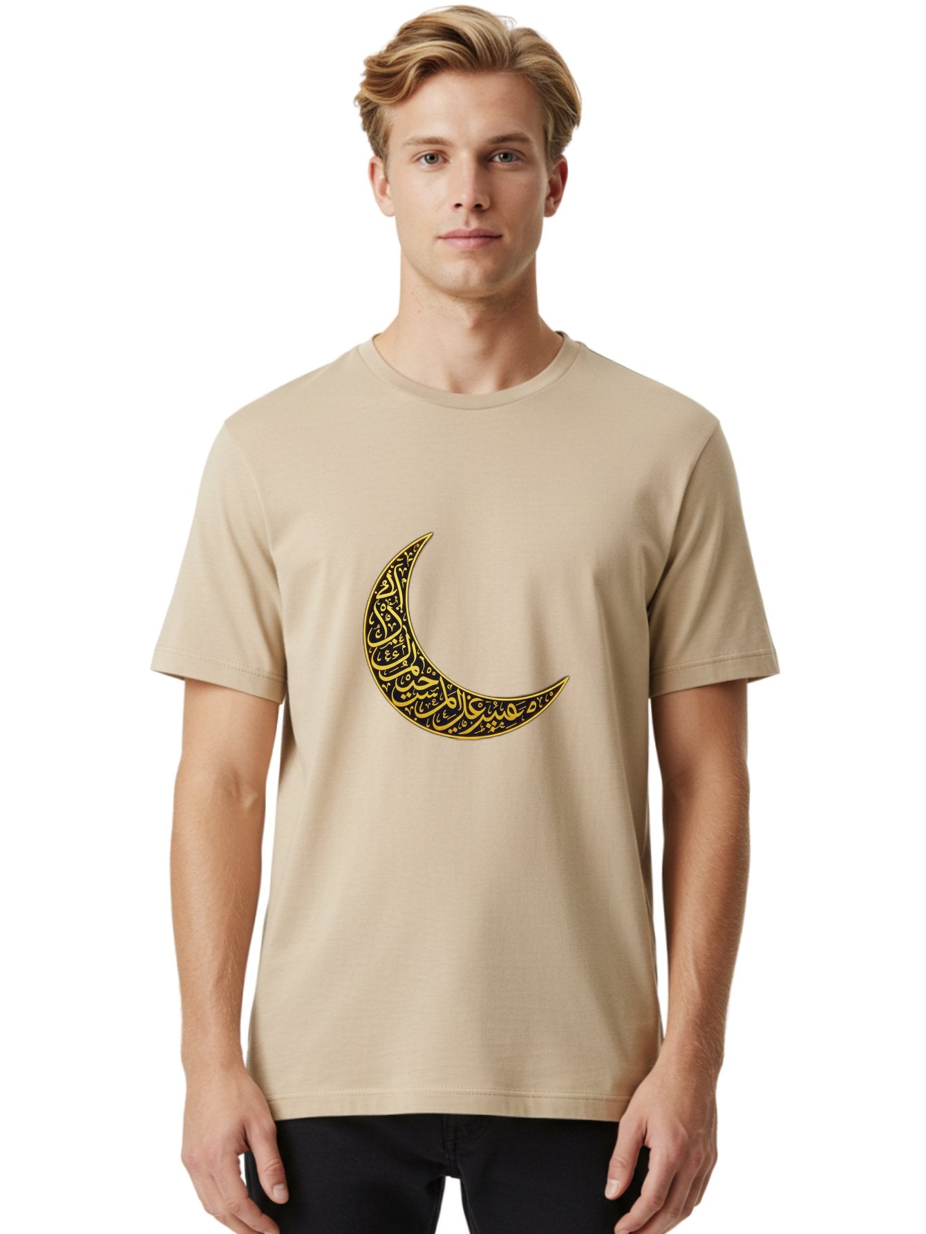 Crescent-Moon-With-Arabic-Calligraphy Men'S Graphic Tee, 100% Cotton, Comfortable Casual Summer Wear, Machine Washable, Crescent Moon, Islamic Calligraphy, Arabic Script, Golden Hues, Intricate Patterns, Traditional Islamic Art, Ramadan Symbol Bac934 23