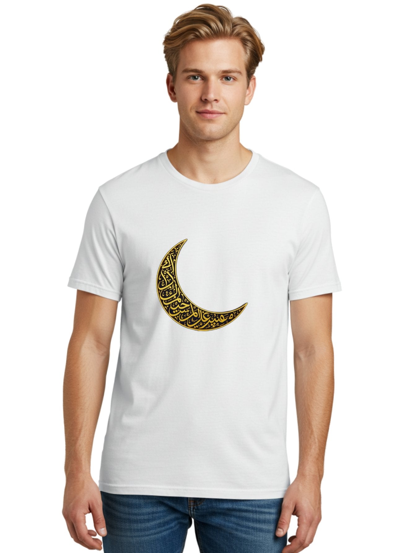 Crescent-Moon-With-Arabic-Calligraphy Men'S Graphic Tee, 100% Cotton, Comfortable Casual Summer Wear, Machine Washable, Crescent Moon, Islamic Calligraphy, Arabic Script, Golden Hues, Intricate Patterns, Traditional Islamic Art, Ramadan Symbol Bac934 16