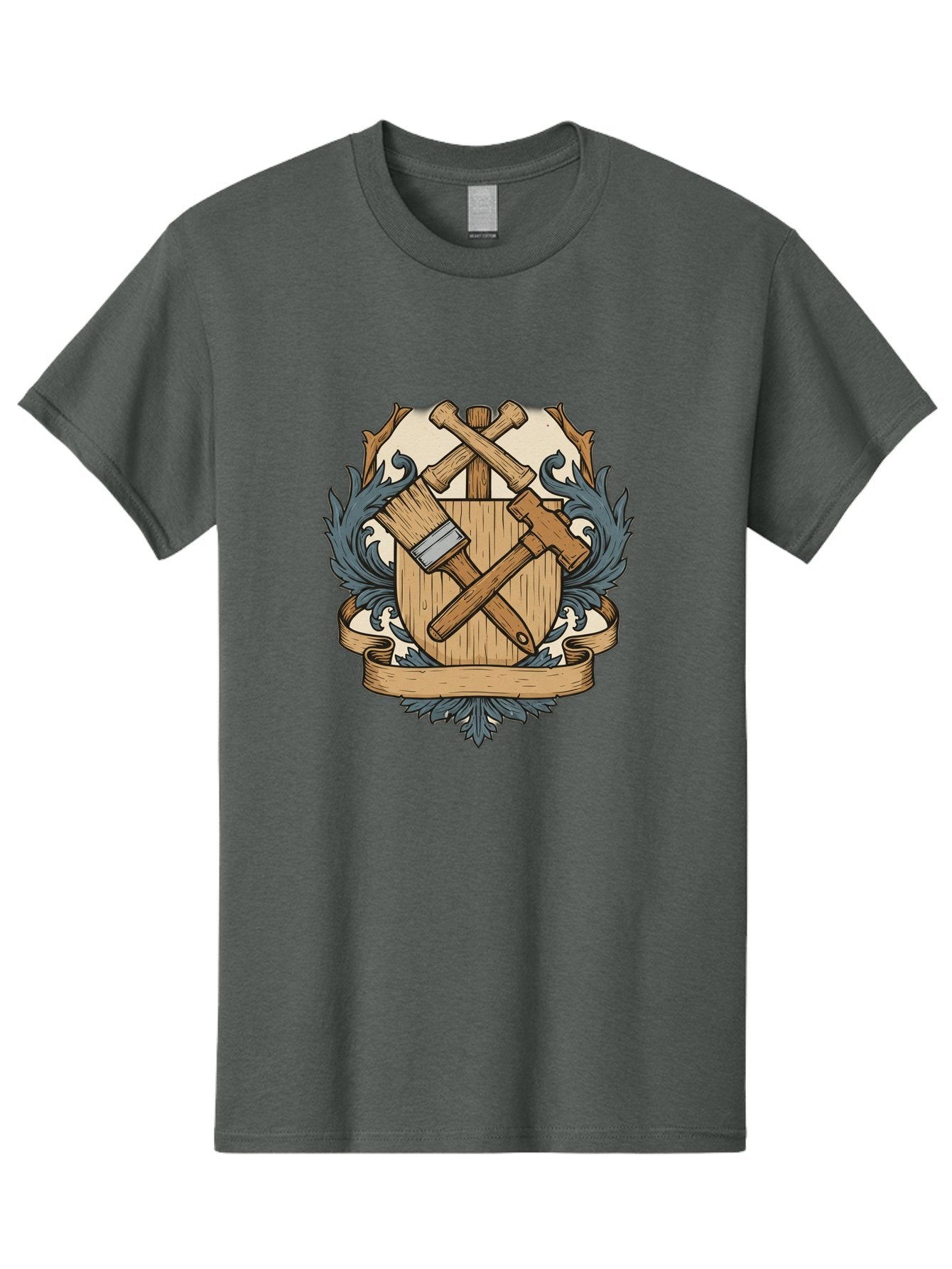 Crisscrossed-Mallets Men'S Graphic Tee, 100% Cotton, Comfortable Casual Summer Wear, Machine Washable, Wooden Shield, Decorative Emblem, Crossed Mallets, Ornate Crest, Heraldic Design, Vintage Logo, Carpentry Tools, Craftsmanship Symbol Bac935