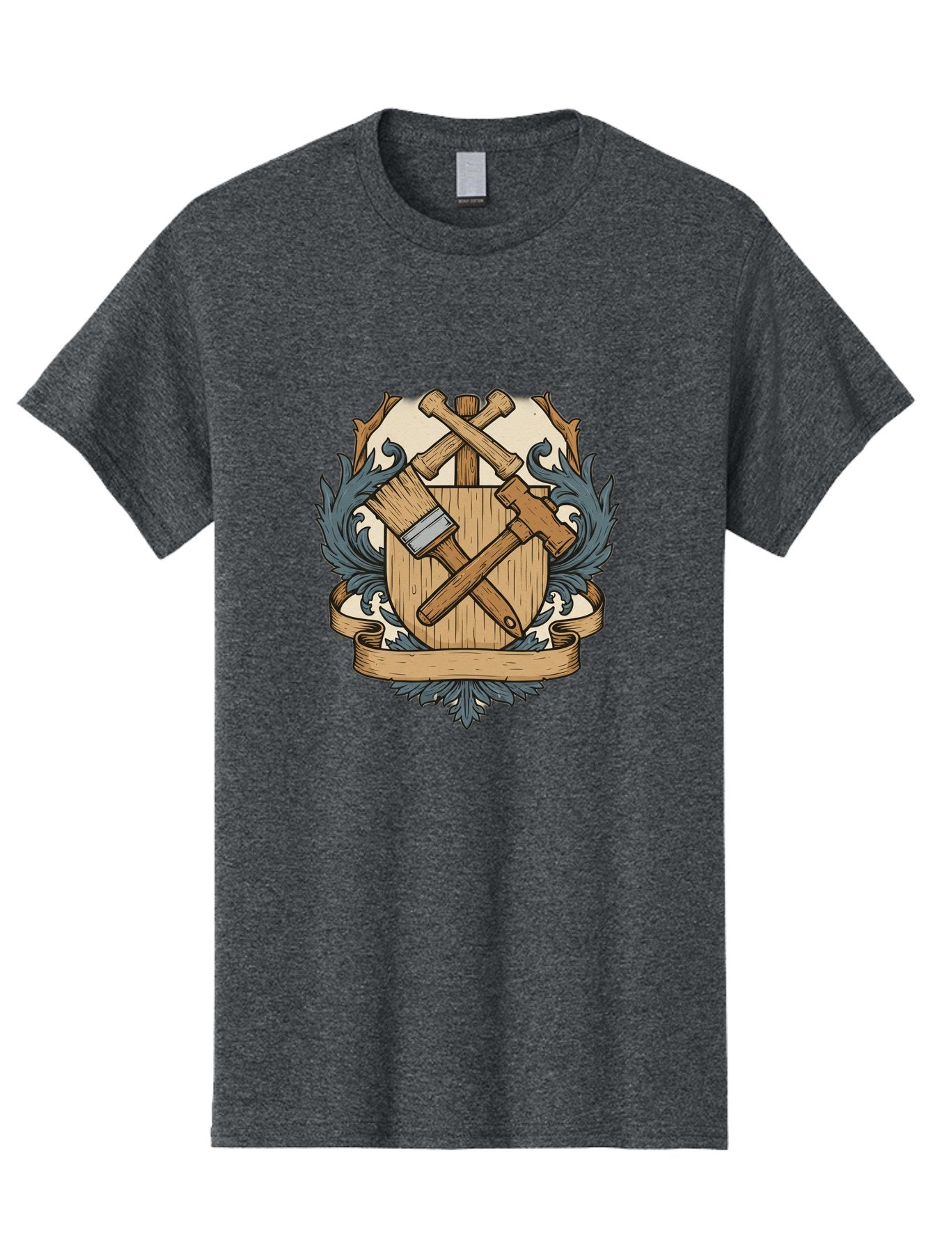 Crisscrossed-Mallets Men'S Graphic Tee, 100% Cotton, Comfortable Casual Summer Wear, Machine Washable, Wooden Shield, Decorative Emblem, Crossed Mallets, Ornate Crest, Heraldic Design, Vintage Logo, Carpentry Tools, Craftsmanship Symbol Bac935
