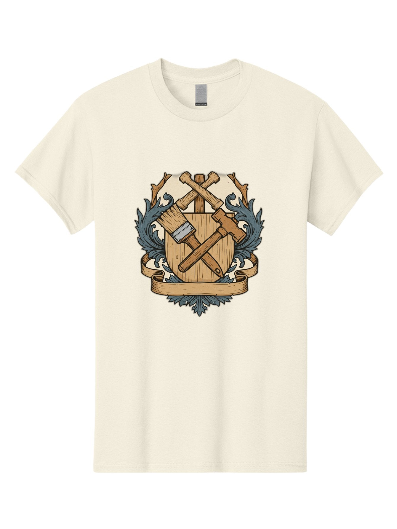 Crisscrossed-Mallets Men'S Graphic Tee, 100% Cotton, Comfortable Casual Summer Wear, Machine Washable, Wooden Shield, Decorative Emblem, Crossed Mallets, Ornate Crest, Heraldic Design, Vintage Logo, Carpentry Tools, Craftsmanship Symbol Bac935 15