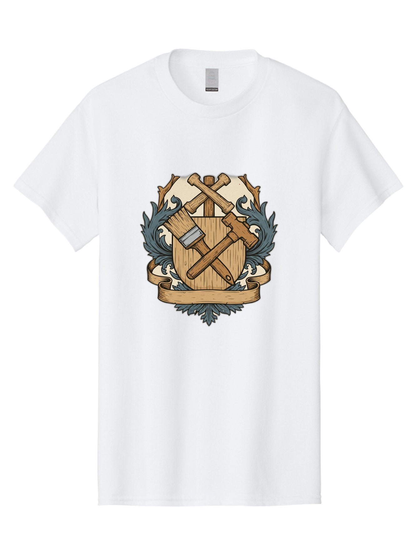 Crisscrossed-Mallets Men'S Graphic Tee, 100% Cotton, Comfortable Casual Summer Wear, Machine Washable, Wooden Shield, Decorative Emblem, Crossed Mallets, Ornate Crest, Heraldic Design, Vintage Logo, Carpentry Tools, Craftsmanship Symbol Bac935 6