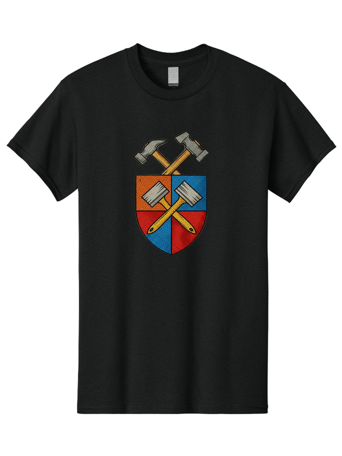 Crossed-Hammers-Coat-Of-Arms Men'S Graphic Tee, 100% Cotton, Comfortable Casual Summer Wear, Machine Washable, Hammers And Pencil, Crossed Tools, Shield Emblem, Carpentry Symbol, Construction Logo, Diy Icon, Craftsmanship Sign Bac937 15