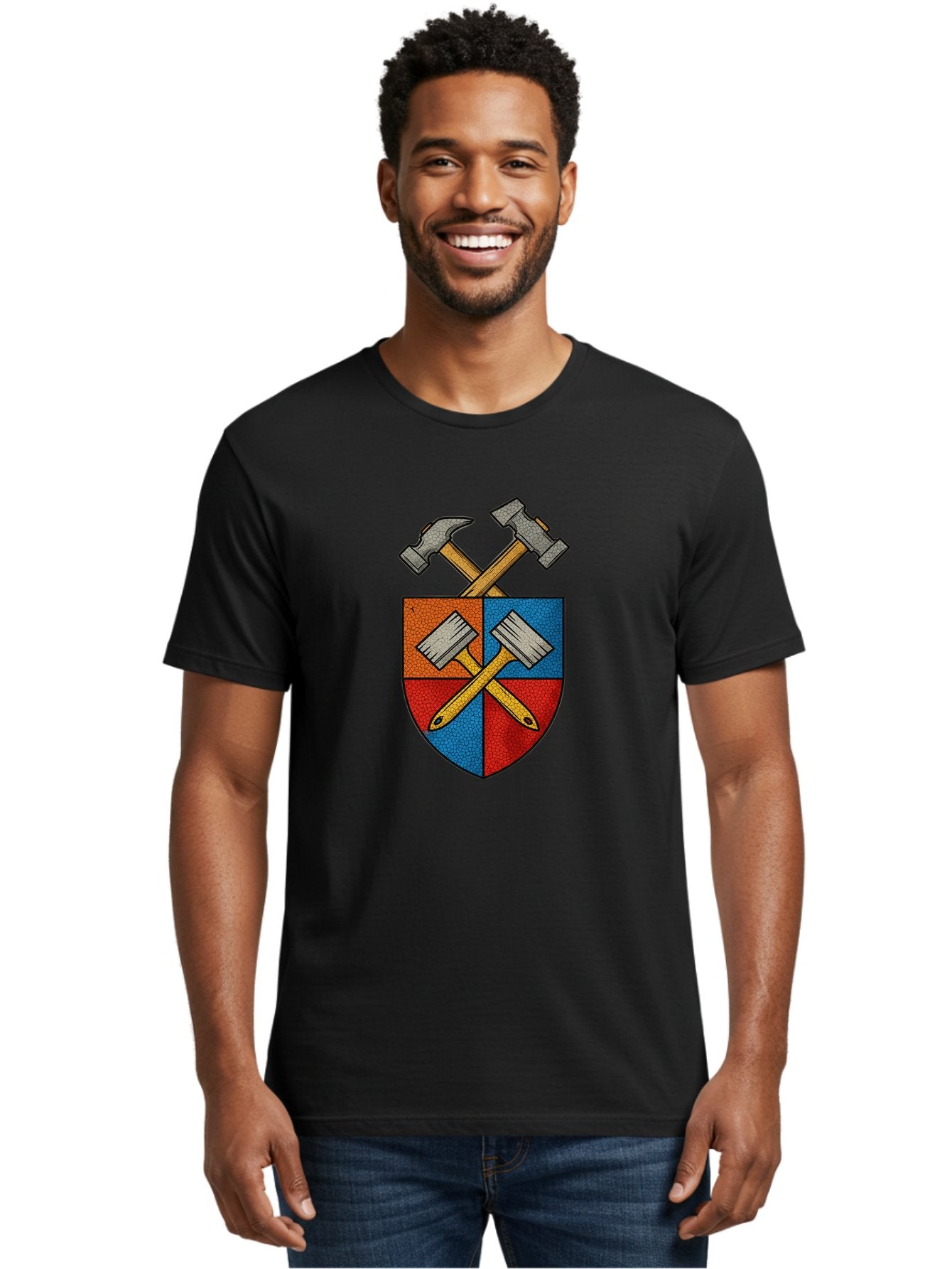 Crossed-Hammers-Coat-Of-Arms Men'S Graphic Tee, 100% Cotton, Comfortable Casual Summer Wear, Machine Washable, Hammers And Pencil, Crossed Tools, Shield Emblem, Carpentry Symbol, Construction Logo, Diy Icon, Craftsmanship Sign Bac937 30