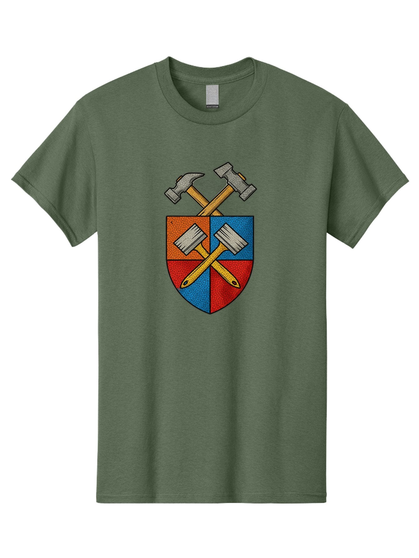 Crossed-Hammers-Coat-Of-Arms Men'S Graphic Tee, 100% Cotton, Comfortable Casual Summer Wear, Machine Washable, Hammers And Pencil, Crossed Tools, Shield Emblem, Carpentry Symbol, Construction Logo, Diy Icon, Craftsmanship Sign Bac937 10