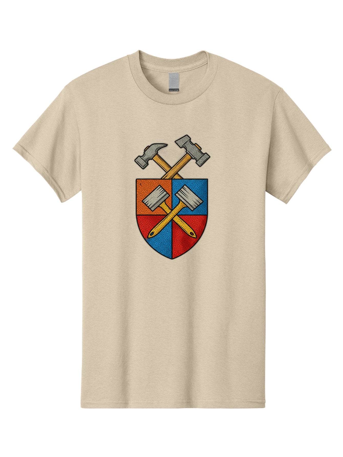 Crossed-Hammers-Coat-Of-Arms Men'S Graphic Tee, 100% Cotton, Comfortable Casual Summer Wear, Machine Washable, Hammers And Pencil, Crossed Tools, Shield Emblem, Carpentry Symbol, Construction Logo, Diy Icon, Craftsmanship Sign Bac937 13