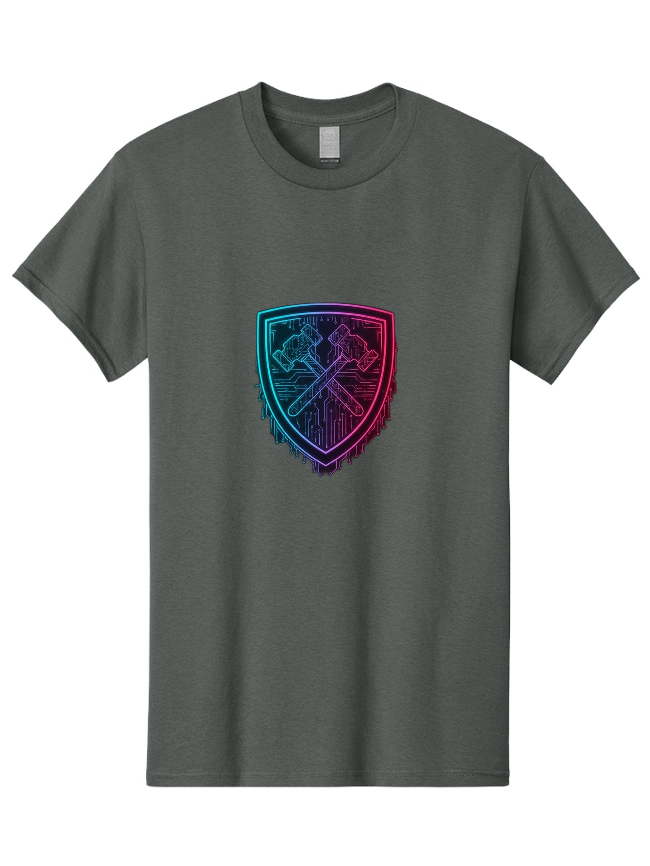 Crossed-Hammers-Shield Men'S Graphic Tee, 100% Cotton, Comfortable Casual Summer Wear, Machine Washable, Cyber Security Logo, Crossed Hammers Emblem, Shield Icon, Neon Lights, Futuristic Design, Tech Logo, Hammer And Shield Symbol, Bac938