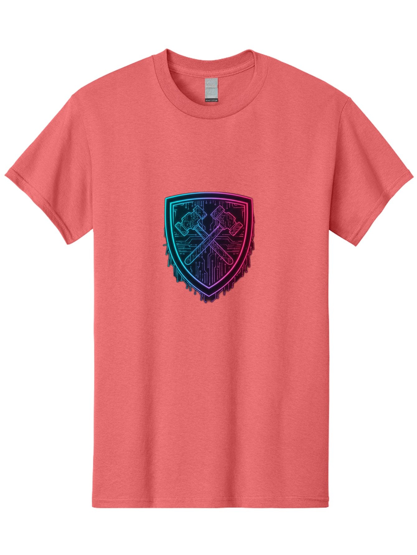 Crossed-Hammers-Shield Men'S Graphic Tee, 100% Cotton, Comfortable Casual Summer Wear, Machine Washable, Cyber Security Logo, Crossed Hammers Emblem, Shield Icon, Neon Lights, Futuristic Design, Tech Logo, Hammer And Shield Symbol, Bac938 6
