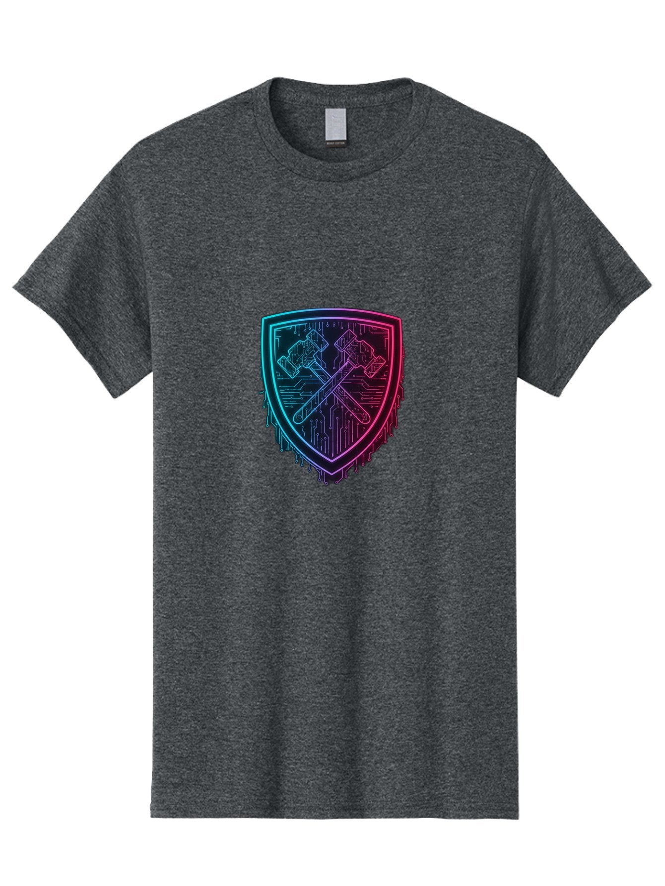 Crossed-Hammers-Shield Men'S Graphic Tee, 100% Cotton, Comfortable Casual Summer Wear, Machine Washable, Cyber Security Logo, Crossed Hammers Emblem, Shield Icon, Neon Lights, Futuristic Design, Tech Logo, Hammer And Shield Symbol, Bac938 15