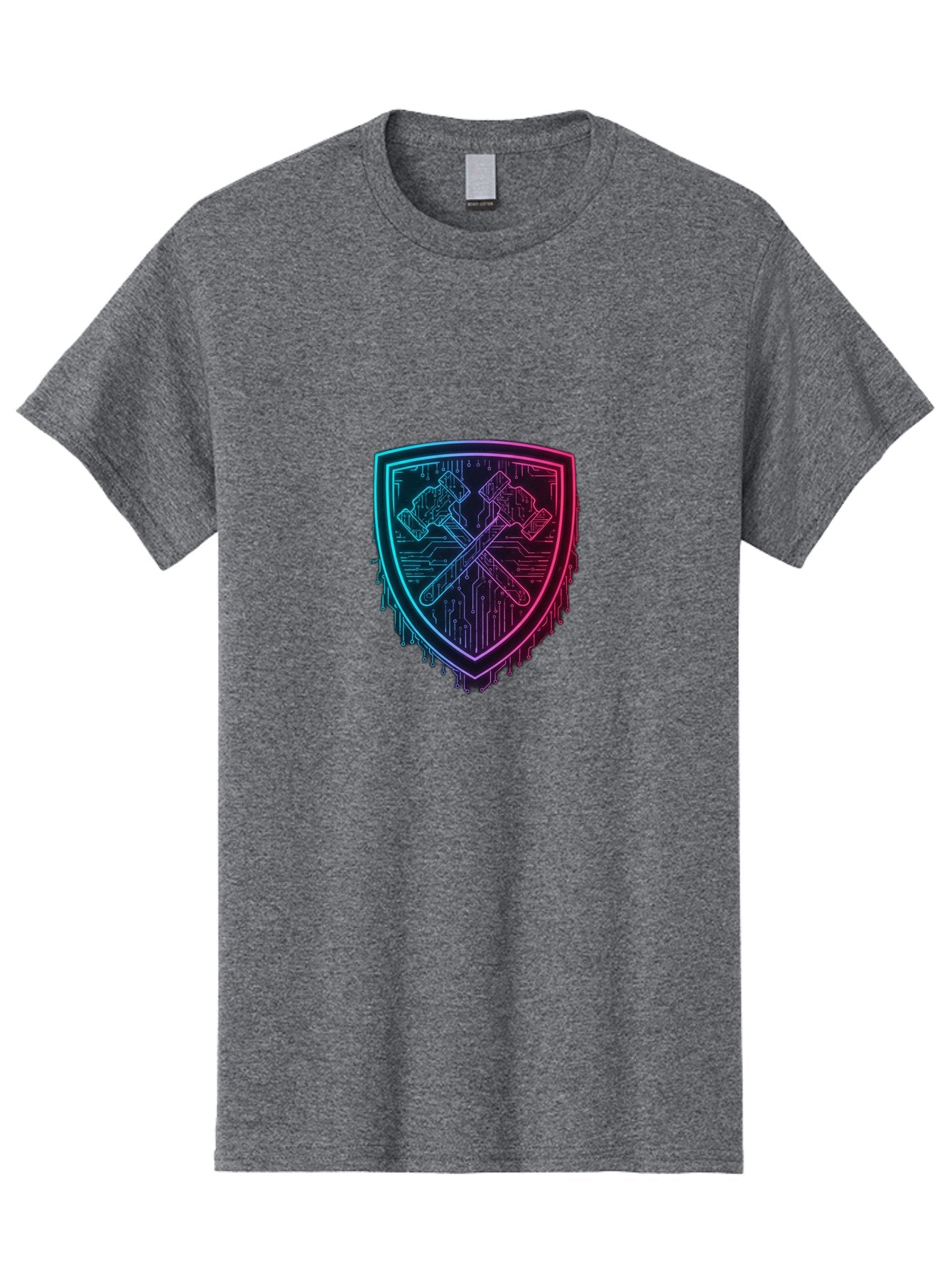 Crossed-Hammers-Shield Men'S Graphic Tee, 100% Cotton, Comfortable Casual Summer Wear, Machine Washable, Cyber Security Logo, Crossed Hammers Emblem, Shield Icon, Neon Lights, Futuristic Design, Tech Logo, Hammer And Shield Symbol, Bac938 7