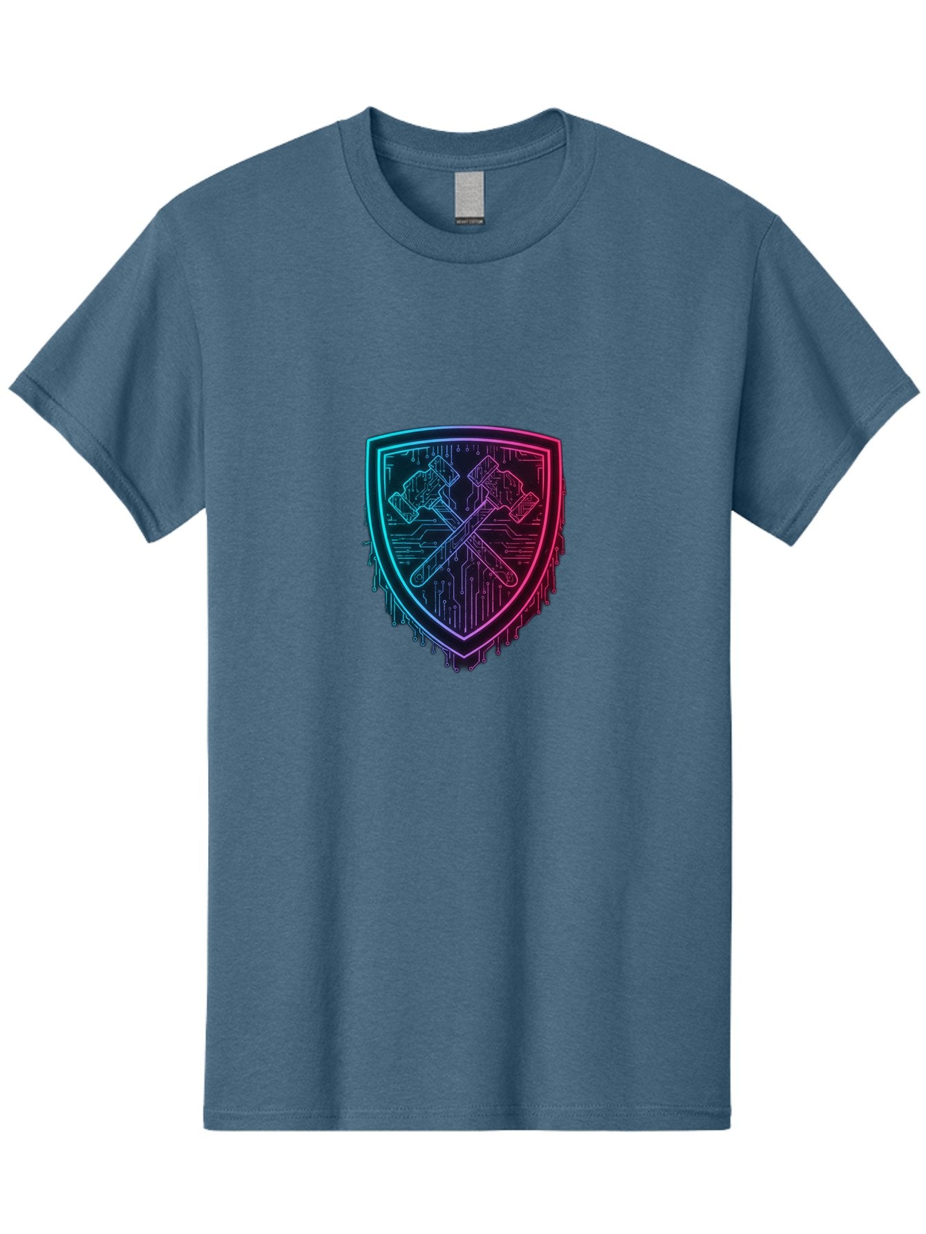 Crossed-Hammers-Shield Men'S Graphic Tee, 100% Cotton, Comfortable Casual Summer Wear, Machine Washable, Cyber Security Logo, Crossed Hammers Emblem, Shield Icon, Neon Lights, Futuristic Design, Tech Logo, Hammer And Shield Symbol, Bac938