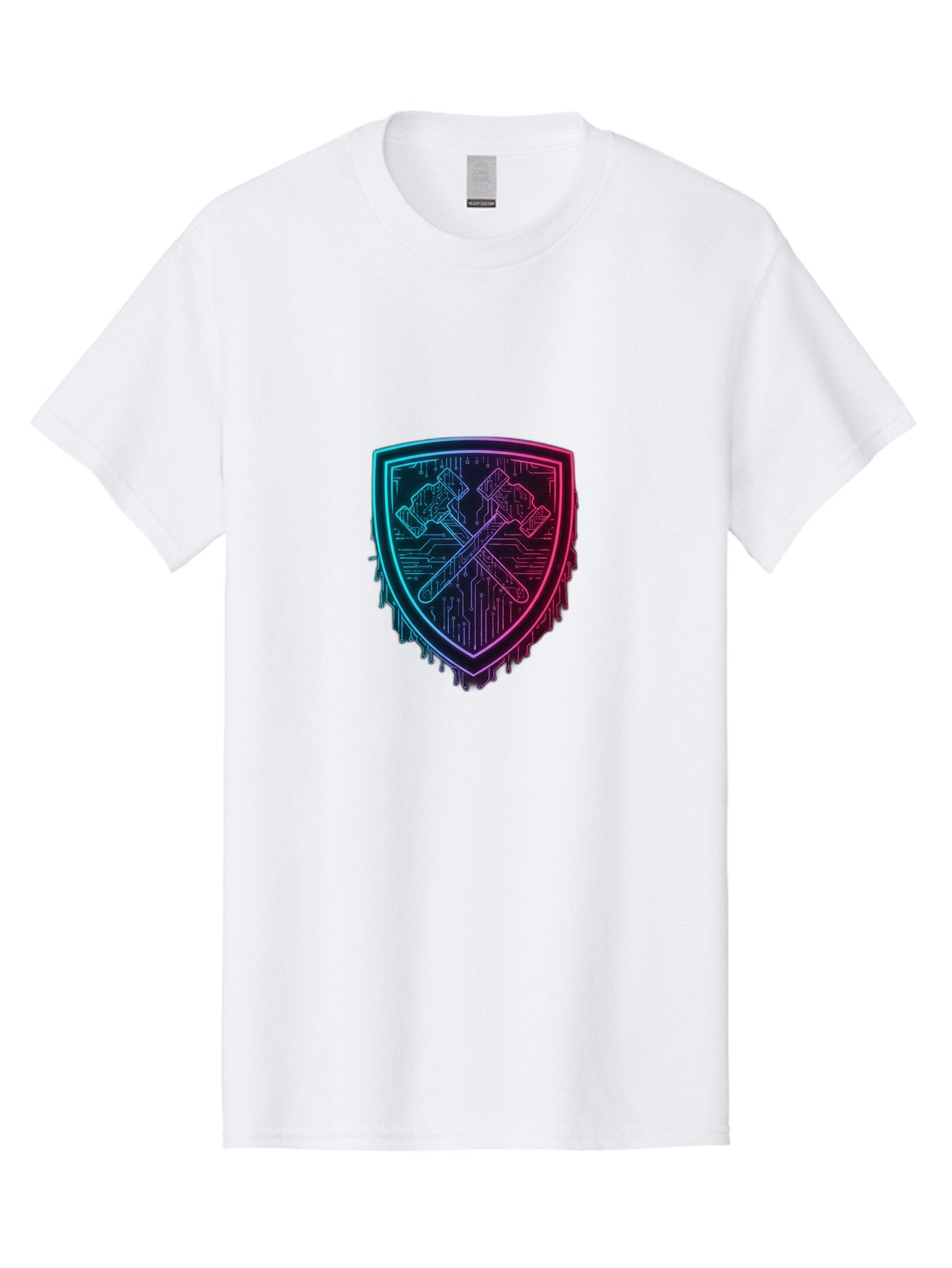 Crossed-Hammers-Shield Men'S Graphic Tee, 100% Cotton, Comfortable Casual Summer Wear, Machine Washable, Cyber Security Logo, Crossed Hammers Emblem, Shield Icon, Neon Lights, Futuristic Design, Tech Logo, Hammer And Shield Symbol, Bac938 10