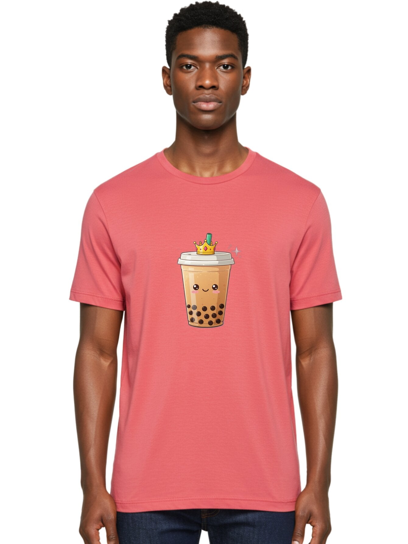Crown-Bubble-Tea Men'S Graphic Tee, 100% Cotton, Comfortable Casual Summer Wear, Machine Washable, Bubble Tea, Cartoon Style, Kawaii, Smiling Face, Golden Crown, Boba Drink, Tea Cup, Straw, Cute, Fun, Playful, Sweet, Refreshing, Trendy Bac946 25