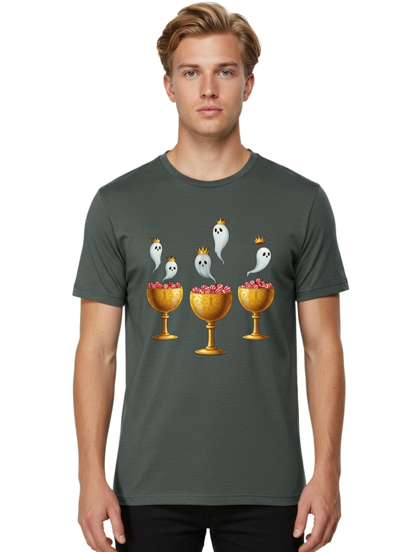 Crowned-Ghosts Men'S Graphic Tee, 100% Cotton, Comfortable Casual Summer Wear, Machine Washable, Halloween Candy, Ghostly Figures, Candy Goblets, Ornate Cups, Peppermint Treats, Festive Decor, Crowned Ghosts, Sweet Delights, Spooky Charm, Bac947 30