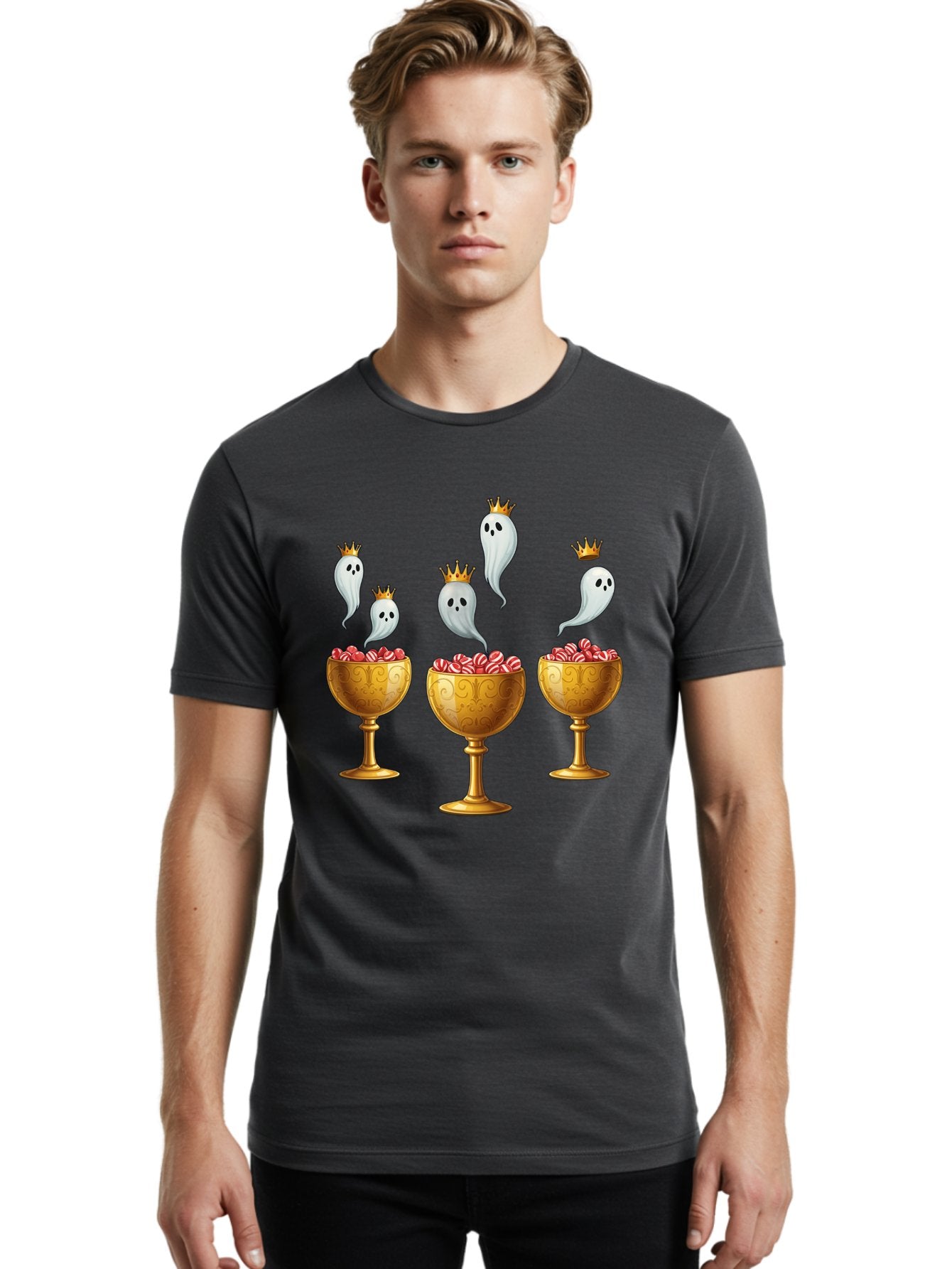 Crowned-Ghosts Men'S Graphic Tee, 100% Cotton, Comfortable Casual Summer Wear, Machine Washable, Halloween Candy, Ghostly Figures, Candy Goblets, Ornate Cups, Peppermint Treats, Festive Decor, Crowned Ghosts, Sweet Delights, Spooky Charm, Bac947 25