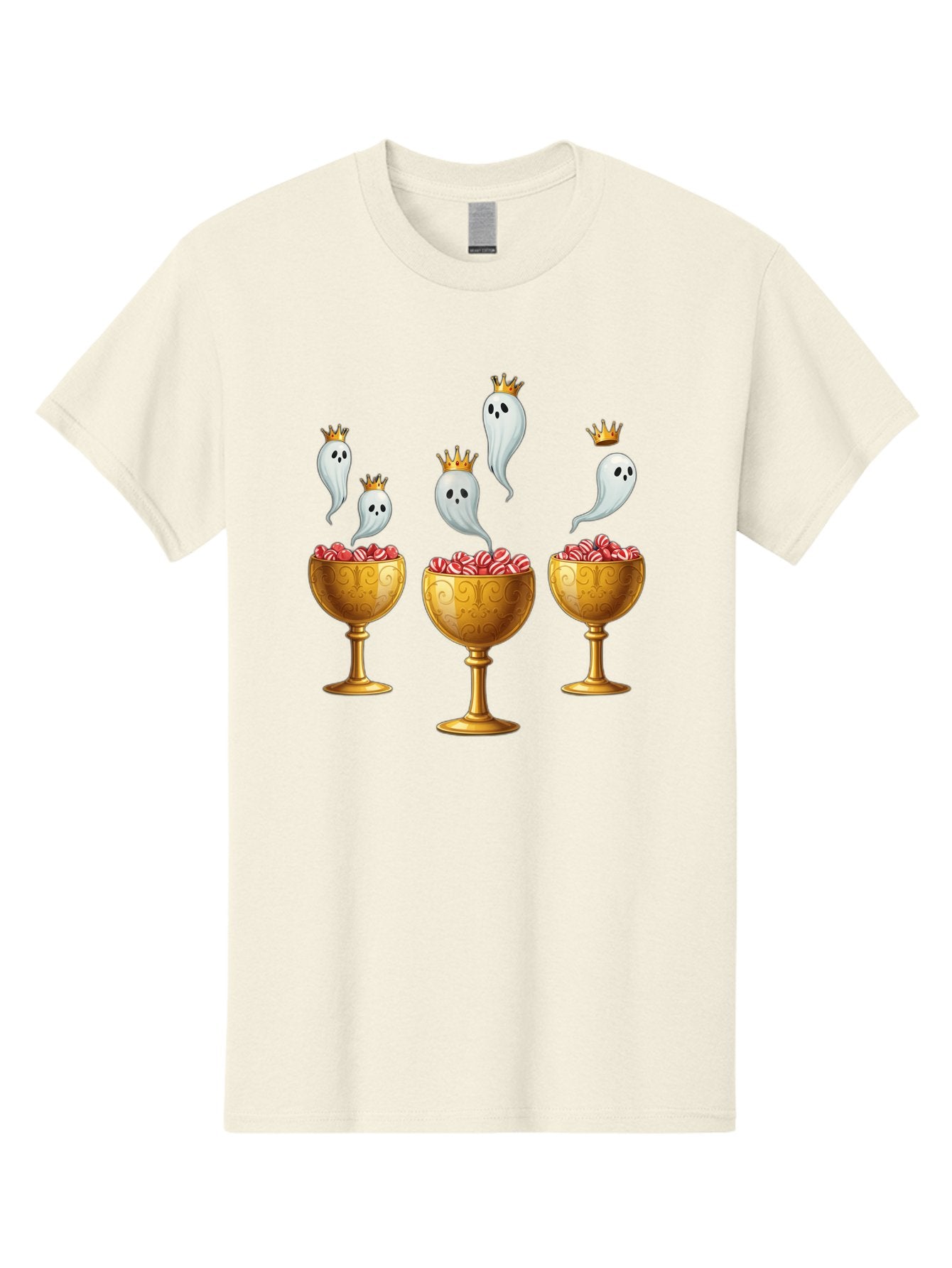 Crowned-Ghosts Men'S Graphic Tee, 100% Cotton, Comfortable Casual Summer Wear, Machine Washable, Halloween Candy, Ghostly Figures, Candy Goblets, Ornate Cups, Peppermint Treats, Festive Decor, Crowned Ghosts, Sweet Delights, Spooky Charm, Bac947 9