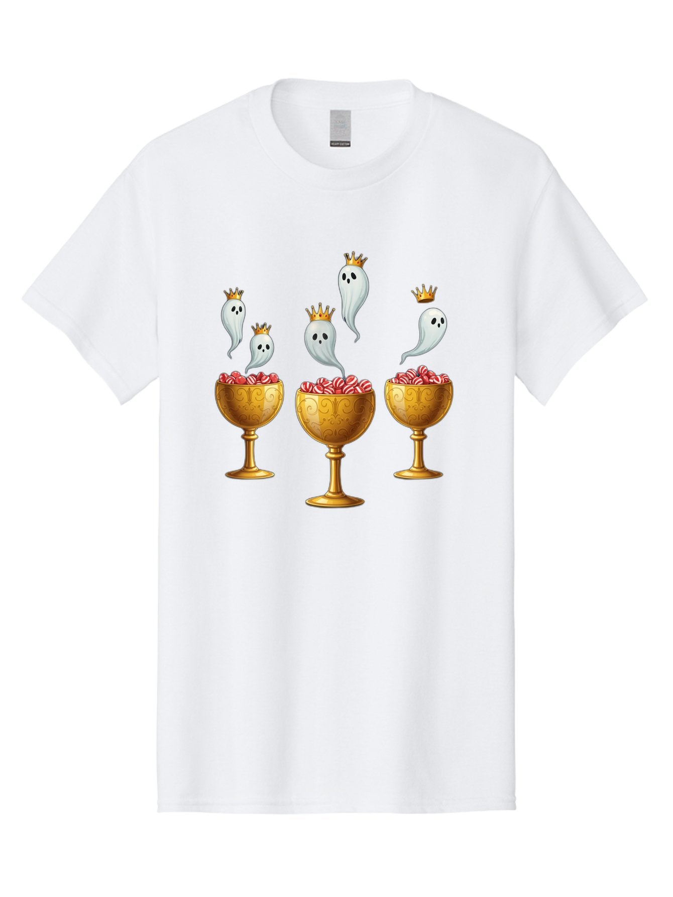 Crowned-Ghosts Men'S Graphic Tee, 100% Cotton, Comfortable Casual Summer Wear, Machine Washable, Halloween Candy, Ghostly Figures, Candy Goblets, Ornate Cups, Peppermint Treats, Festive Decor, Crowned Ghosts, Sweet Delights, Spooky Charm, Bac947 3