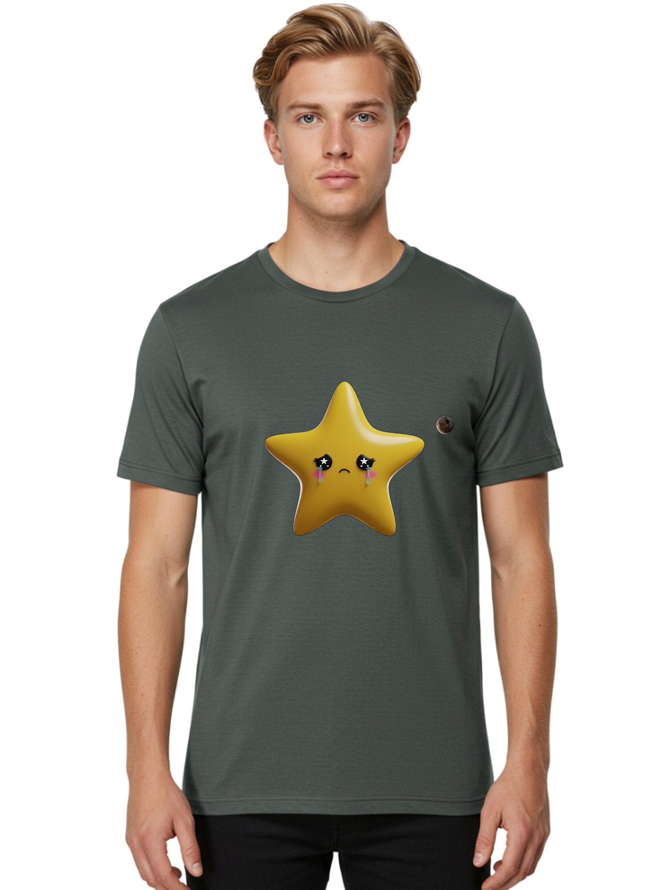 Crying-Star Men'S Graphic Tee, 100% Cotton, Comfortable Casual Summer Wear, Machine Washable, Sad Star, Crying Face, Tears, Sorrowful Expression, Frowning Star, Sorrow, Disappointment, Sadness, Star Emoji Bac949 28