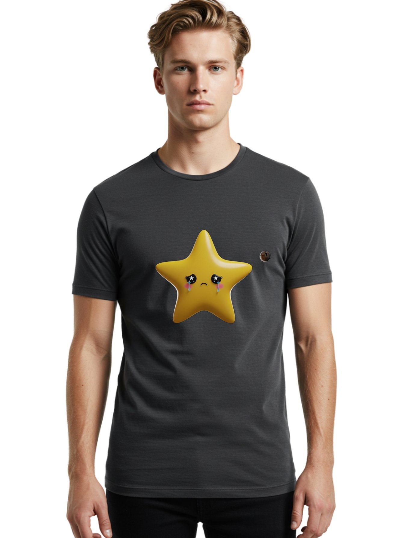 Crying-Star Men'S Graphic Tee, 100% Cotton, Comfortable Casual Summer Wear, Machine Washable, Sad Star, Crying Face, Tears, Sorrowful Expression, Frowning Star, Sorrow, Disappointment, Sadness, Star Emoji Bac949 21