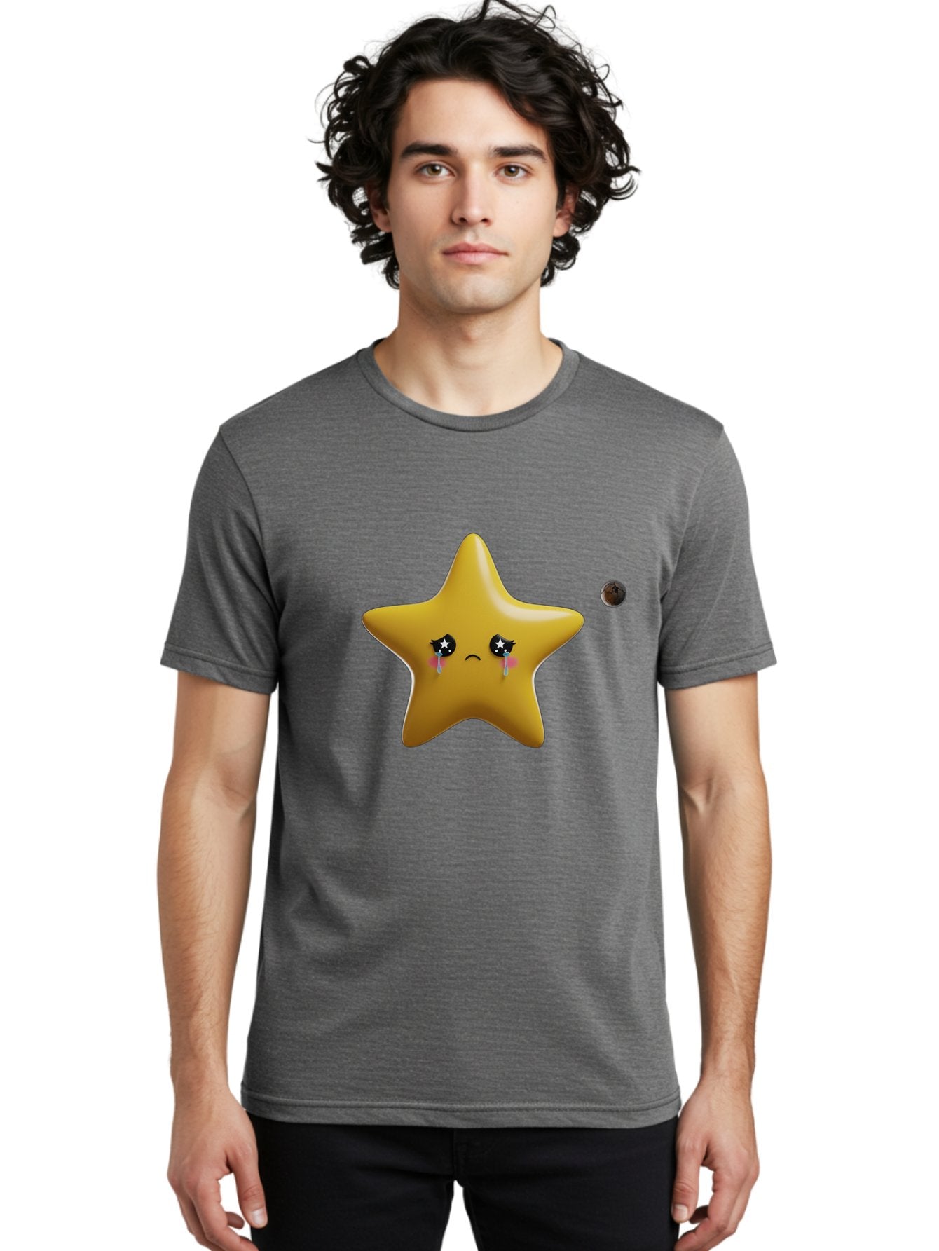 Crying-Star Men'S Graphic Tee, 100% Cotton, Comfortable Casual Summer Wear, Machine Washable, Sad Star, Crying Face, Tears, Sorrowful Expression, Frowning Star, Sorrow, Disappointment, Sadness, Star Emoji Bac949 26