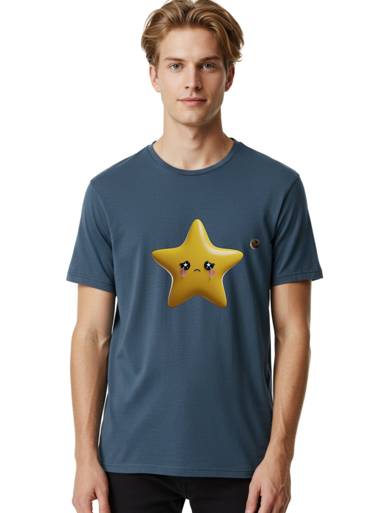 Crying-Star Men'S Graphic Tee, 100% Cotton, Comfortable Casual Summer Wear, Machine Washable, Sad Star, Crying Face, Tears, Sorrowful Expression, Frowning Star, Sorrow, Disappointment, Sadness, Star Emoji Bac949 18