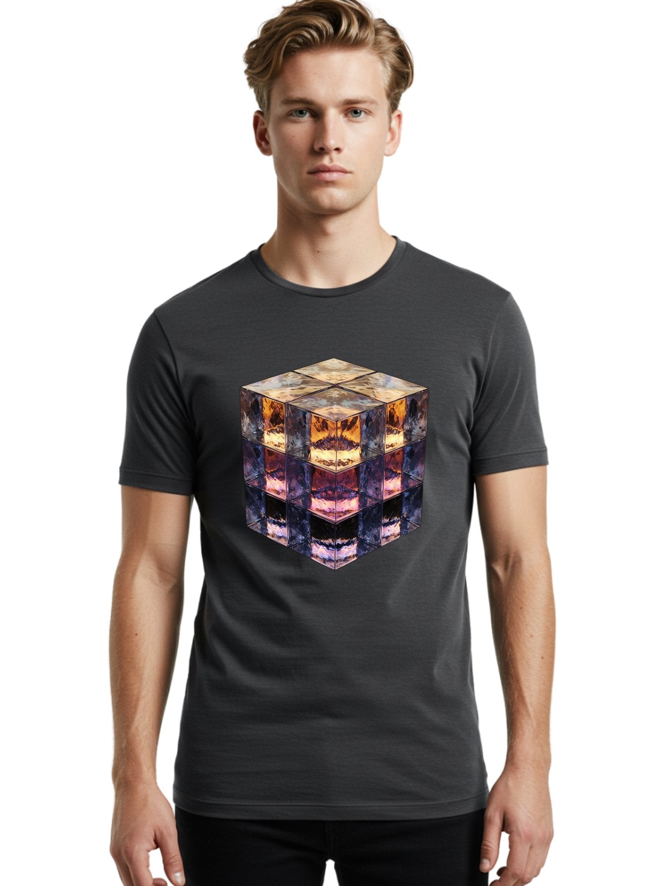 Cube-With-Mirrored-Faces Men'S Graphic Tee, 100% Cotton, Comfortable Casual Summer Wear, Machine Washable, Mirrored Cube, Reflective Surfaces, Abstract Art, Kaleidoscope Effect, Mirrored Reflections, 3D Rendering, Futuristic Design Bac951 27