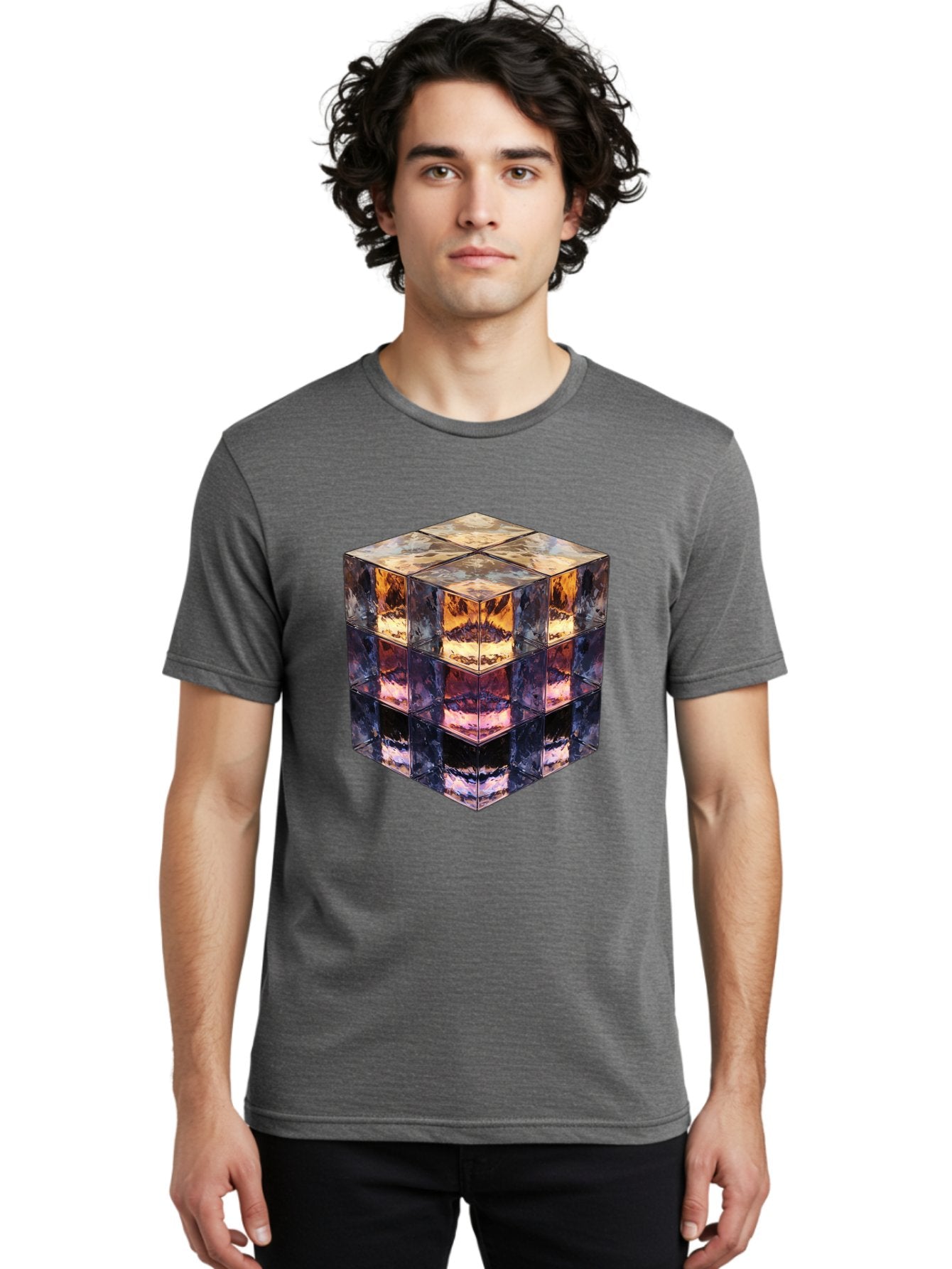 Cube-With-Mirrored-Faces Men'S Graphic Tee, 100% Cotton, Comfortable Casual Summer Wear, Machine Washable, Mirrored Cube, Reflective Surfaces, Abstract Art, Kaleidoscope Effect, Mirrored Reflections, 3D Rendering, Futuristic Design Bac951 28