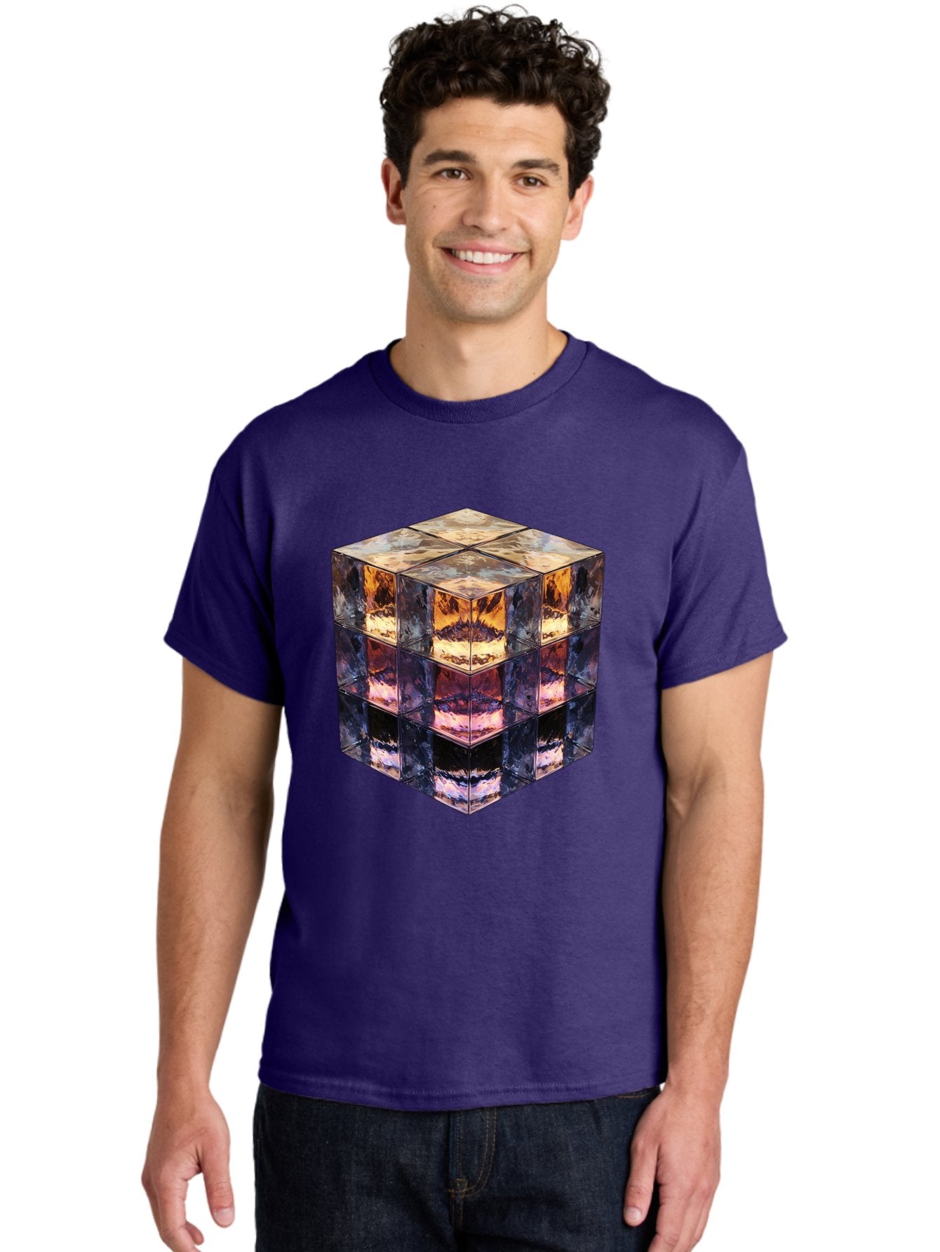 Cube-With-Mirrored-Faces Men'S Graphic Tee, 100% Cotton, Comfortable Casual Summer Wear, Machine Washable, Mirrored Cube, Reflective Surfaces, Abstract Art, Kaleidoscope Effect, Mirrored Reflections, 3D Rendering, Futuristic Design Bac951 21