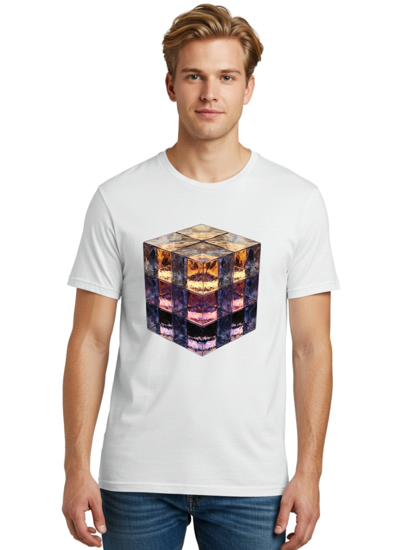 Cube-With-Mirrored-Faces Men'S Graphic Tee, 100% Cotton, Comfortable Casual Summer Wear, Machine Washable, Mirrored Cube, Reflective Surfaces, Abstract Art, Kaleidoscope Effect, Mirrored Reflections, 3D Rendering, Futuristic Design Bac951 18