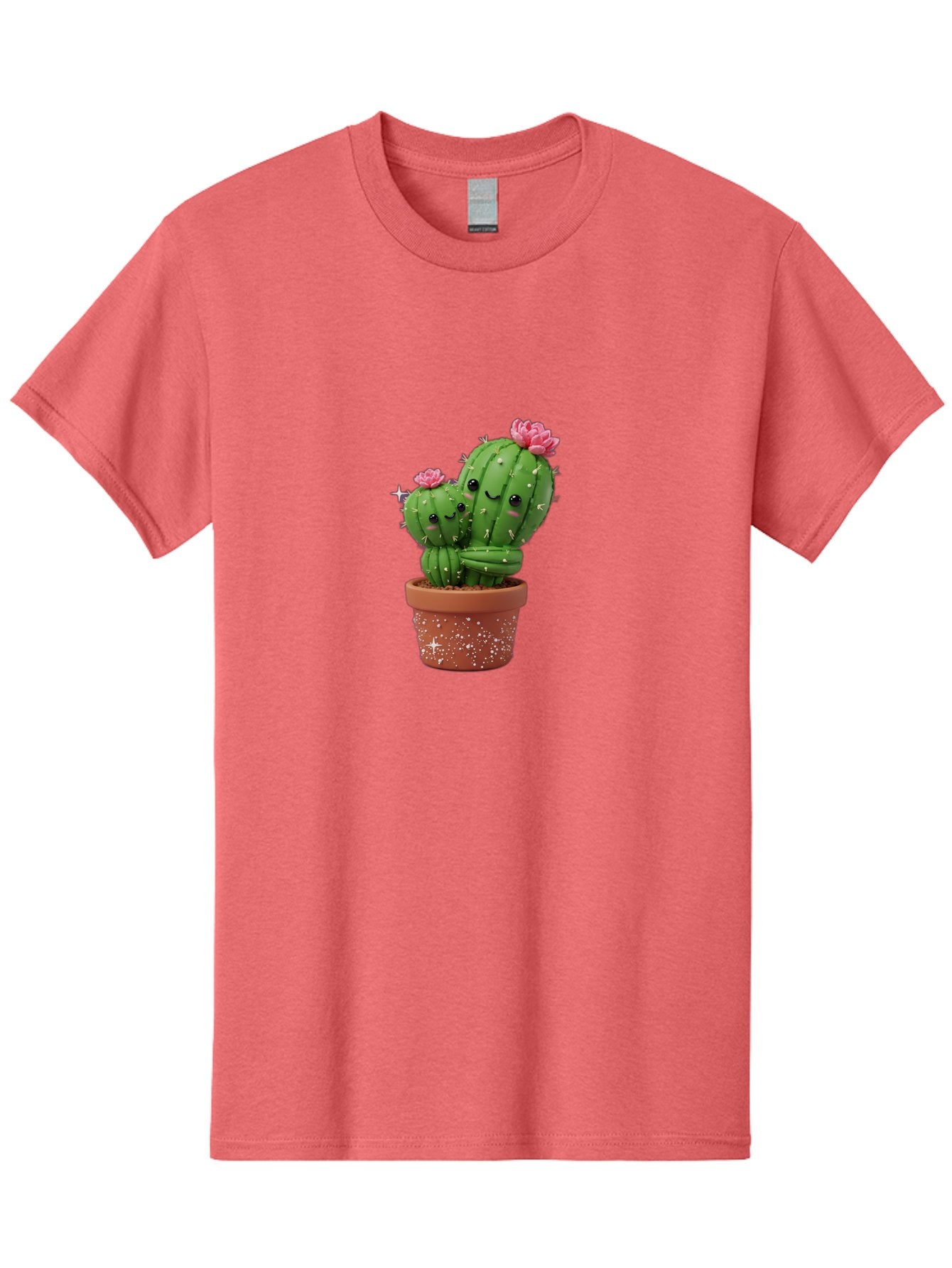 Cuddly-Cacti Men'S Graphic Tee, 100% Cotton, Comfortable Casual Summer Wear, Machine Washable, Hugging Cacti, Cute Cartoon Style, Smiling Faces, Pink Flowers, Red Pot, White Sparkles, Kawaii, Desert Plants, Adorable Decoration, Fun Gift Bac953 7