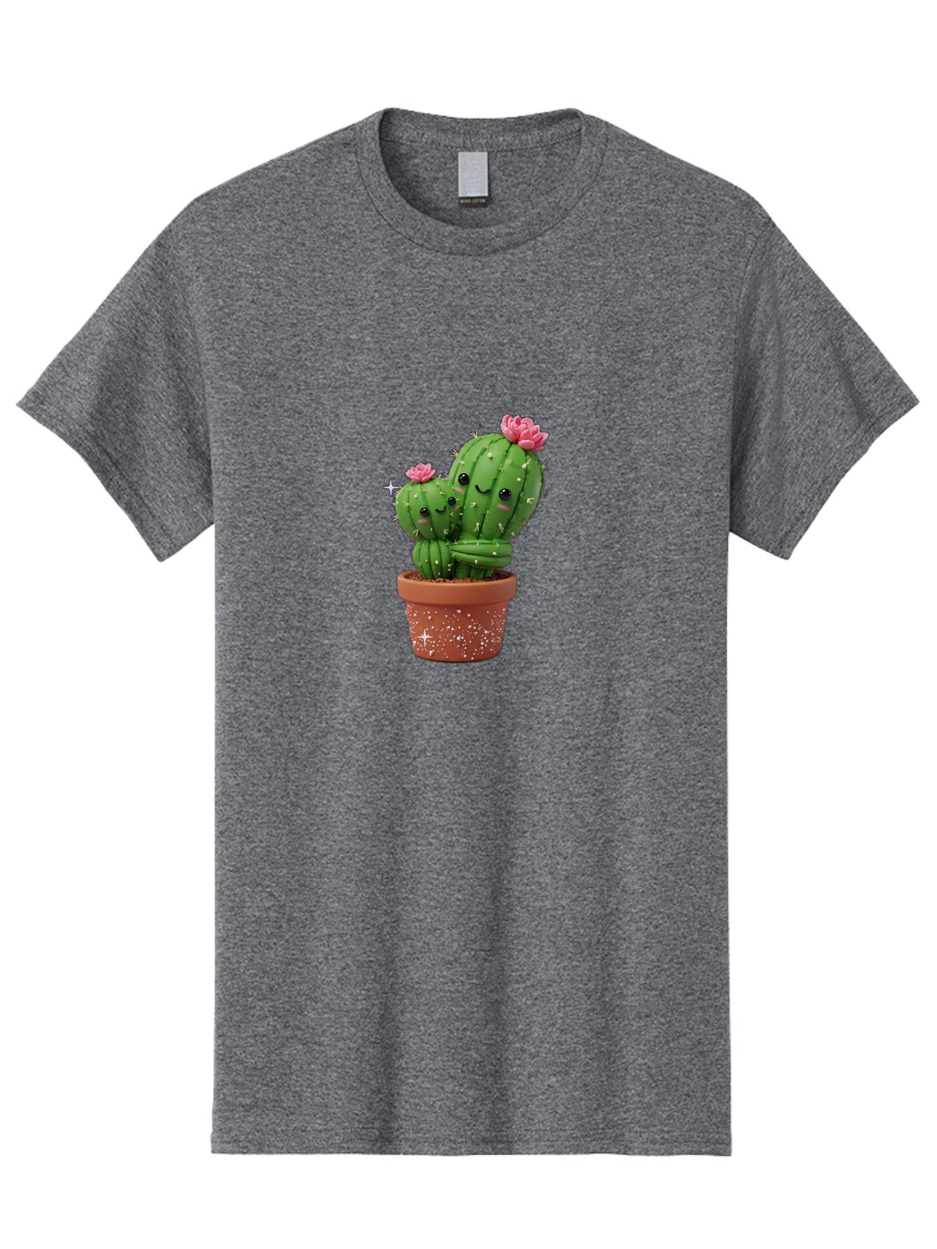 Cuddly-Cacti Men'S Graphic Tee, 100% Cotton, Comfortable Casual Summer Wear, Machine Washable, Hugging Cacti, Cute Cartoon Style, Smiling Faces, Pink Flowers, Red Pot, White Sparkles, Kawaii, Desert Plants, Adorable Decoration, Fun Gift Bac953