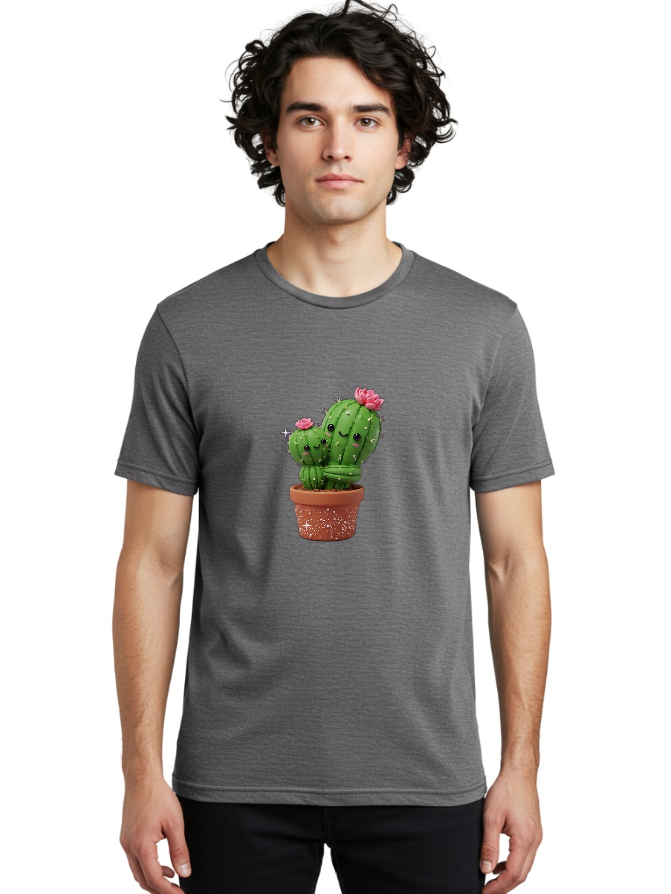 Cuddly-Cacti Men'S Graphic Tee, 100% Cotton, Comfortable Casual Summer Wear, Machine Washable, Hugging Cacti, Cute Cartoon Style, Smiling Faces, Pink Flowers, Red Pot, White Sparkles, Kawaii, Desert Plants, Adorable Decoration, Fun Gift Bac953 21