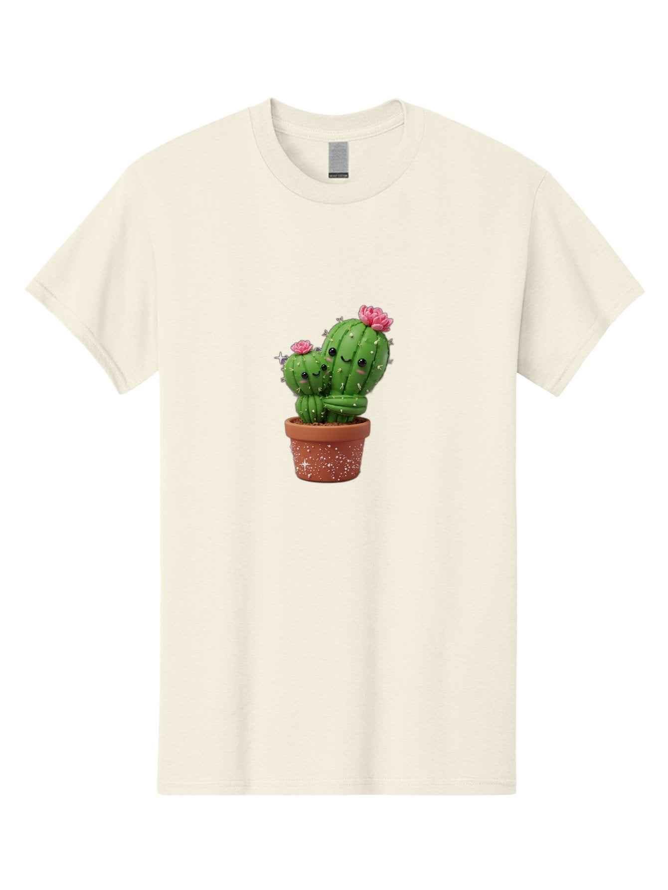 Cuddly-Cacti Men'S Graphic Tee, 100% Cotton, Comfortable Casual Summer Wear, Machine Washable, Hugging Cacti, Cute Cartoon Style, Smiling Faces, Pink Flowers, Red Pot, White Sparkles, Kawaii, Desert Plants, Adorable Decoration, Fun Gift Bac953 4