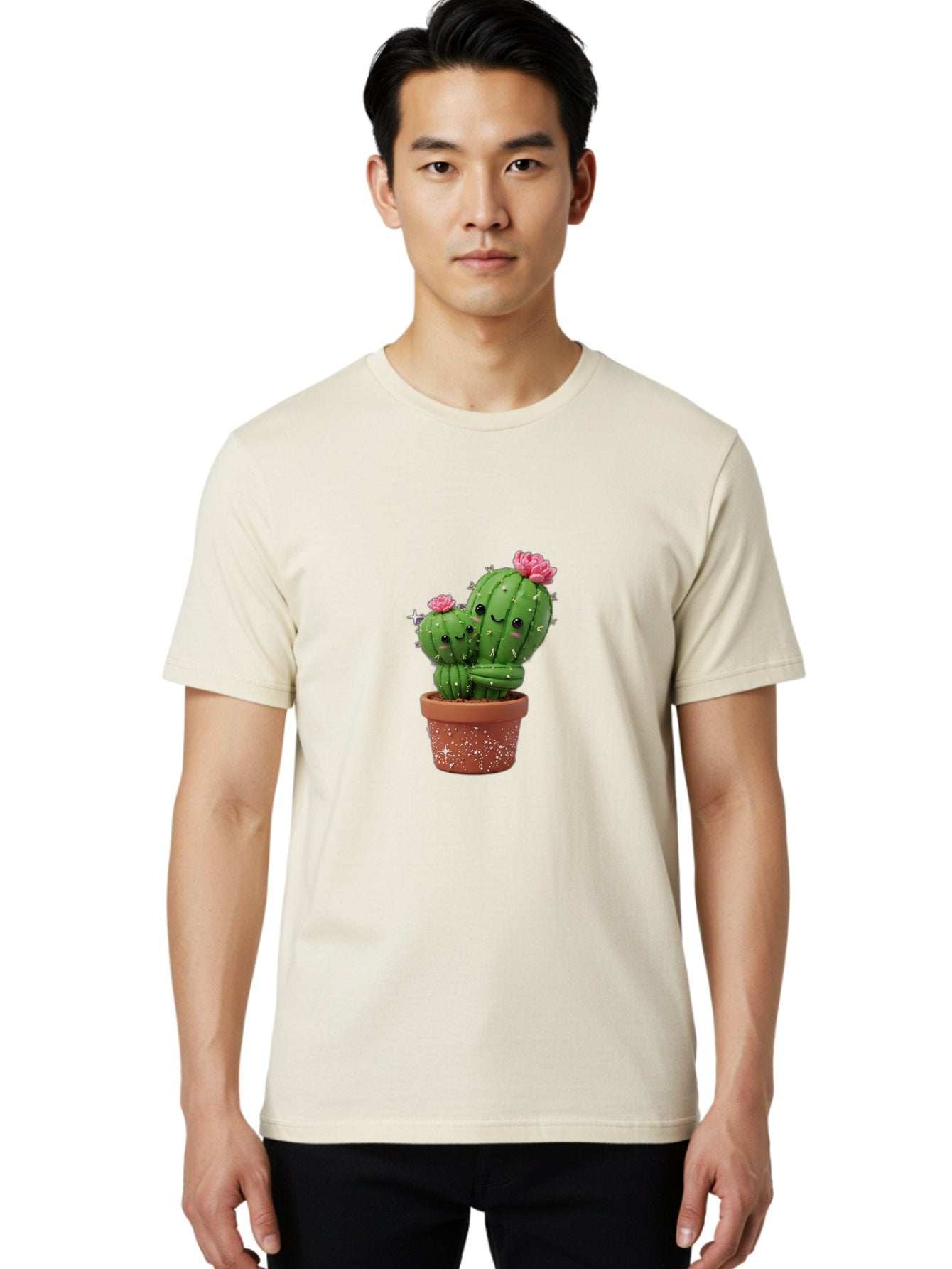Cuddly-Cacti Men'S Graphic Tee, 100% Cotton, Comfortable Casual Summer Wear, Machine Washable, Hugging Cacti, Cute Cartoon Style, Smiling Faces, Pink Flowers, Red Pot, White Sparkles, Kawaii, Desert Plants, Adorable Decoration, Fun Gift Bac953 18