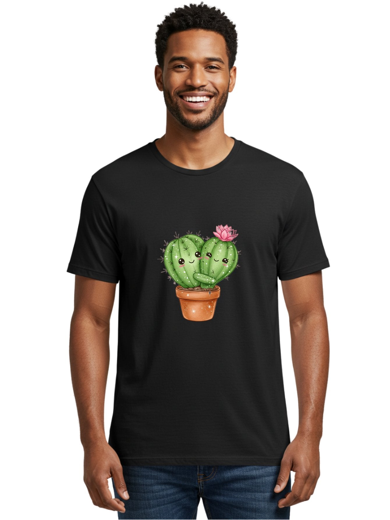 Cuddly-Cactus Men'S Graphic Tee, 100% Cotton, Comfortable Casual Summer Wear, Machine Washable, Cute Cacti, Cuddling Cacti, Cartoon Cactus, Adorable Plants, Potted Cactus, Pink Flower, Smiling Faces, Kawaii Art, Cactus Love, Cartoon Hearts, Bac954 28