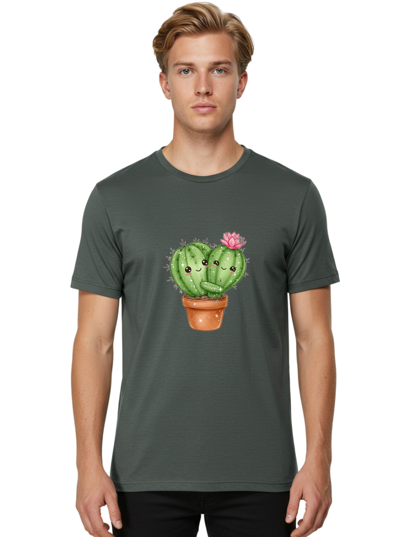 Cuddly-Cactus Men'S Graphic Tee, 100% Cotton, Comfortable Casual Summer Wear, Machine Washable, Cute Cacti, Cuddling Cacti, Cartoon Cactus, Adorable Plants, Potted Cactus, Pink Flower, Smiling Faces, Kawaii Art, Cactus Love, Cartoon Hearts, Bac954 22