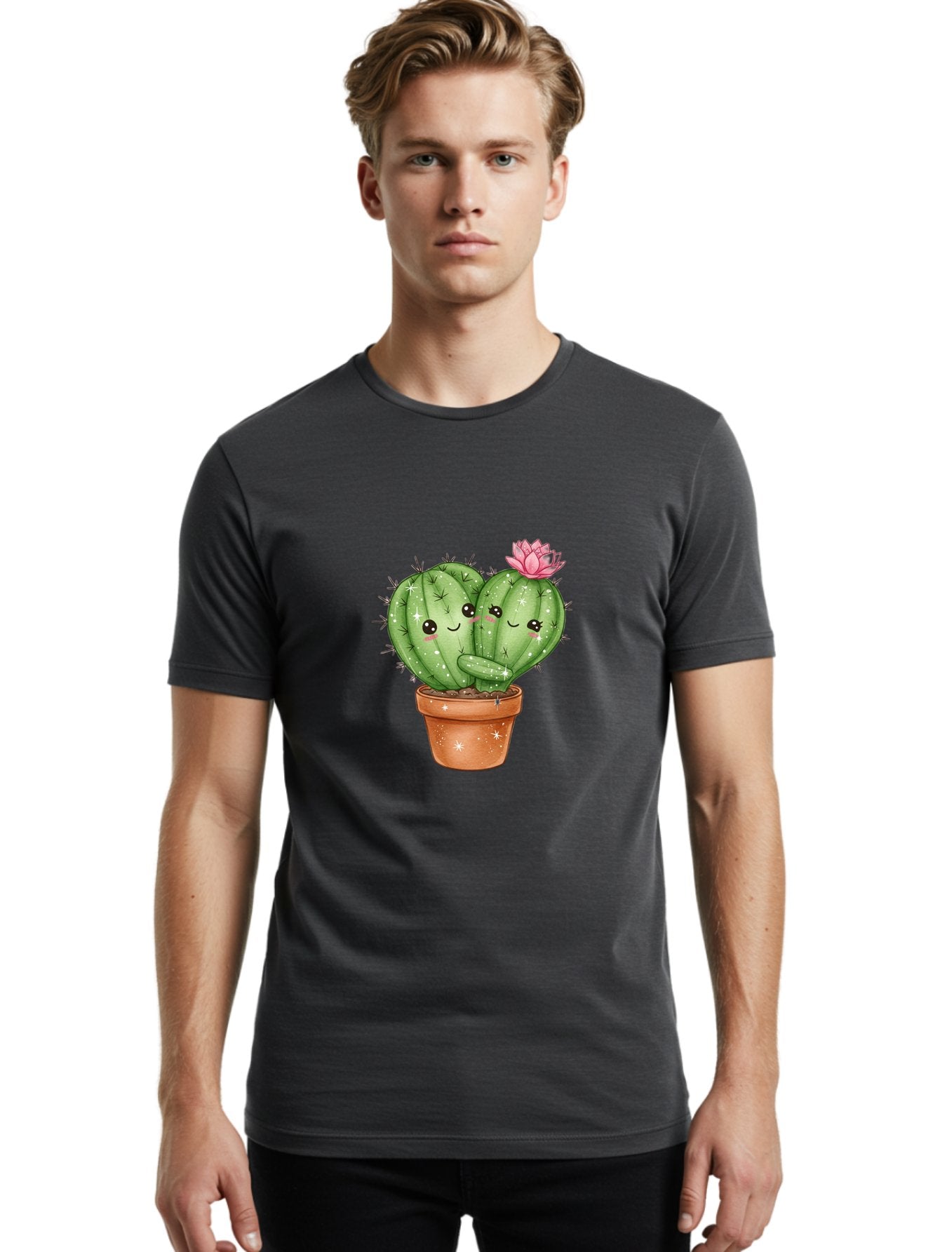 Cuddly-Cactus Men'S Graphic Tee, 100% Cotton, Comfortable Casual Summer Wear, Machine Washable, Cute Cacti, Cuddling Cacti, Cartoon Cactus, Adorable Plants, Potted Cactus, Pink Flower, Smiling Faces, Kawaii Art, Cactus Love, Cartoon Hearts, Bac954 22